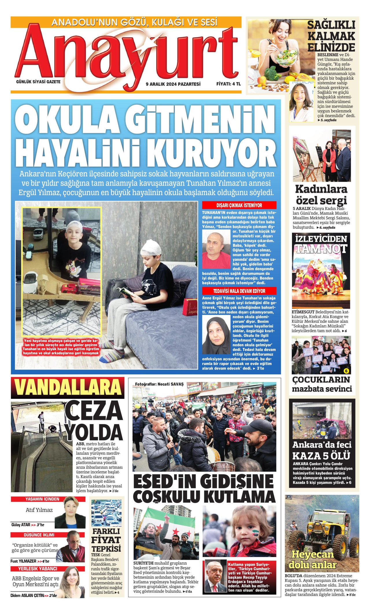 ANAYURT gazetesinin 9 Aralık 2024 tarihli birinci sayfası
