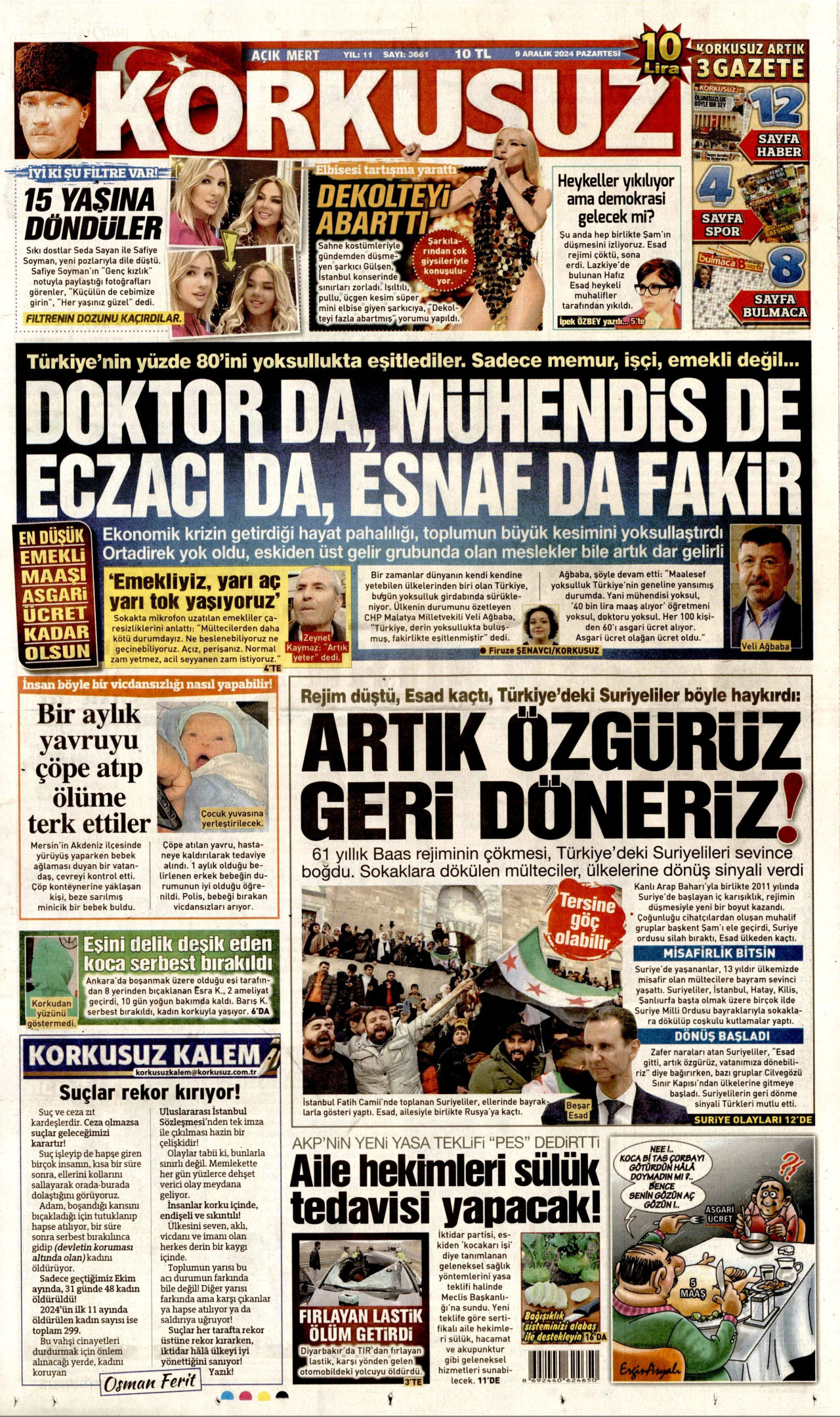 KORKUSUZ gazetesinin 9 Aralık 2024 tarihli birinci sayfası