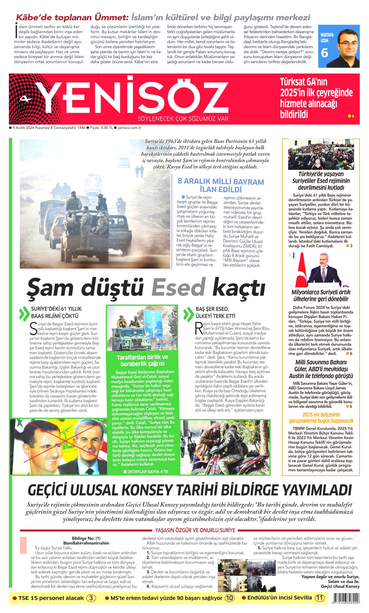YENİ SÖZ GAZETESİ gazetesinin 9 Aralık 2024 tarihli birinci sayfası