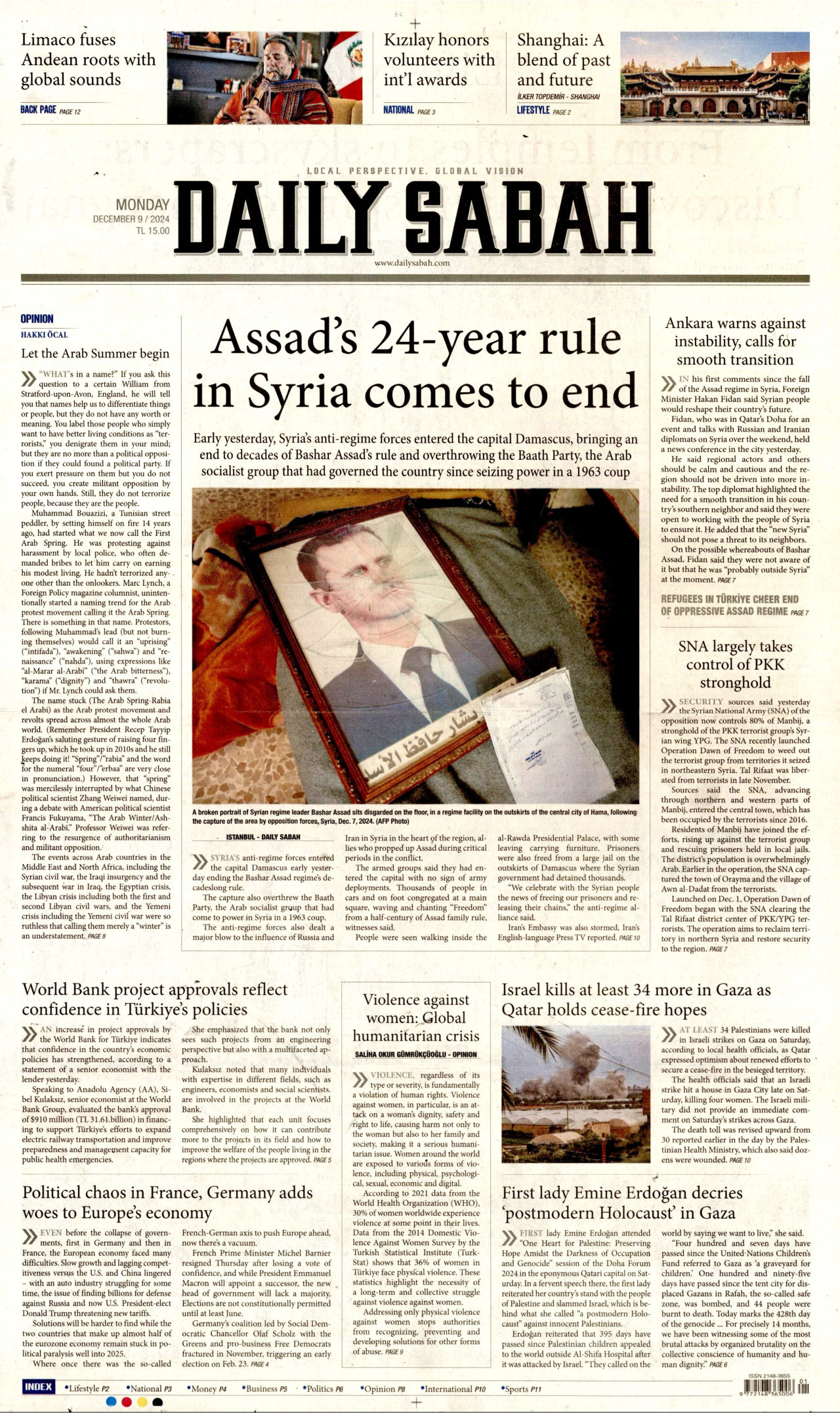DAİLY SABAH gazetesinin 9 Aralık 2024 tarihli birinci sayfası