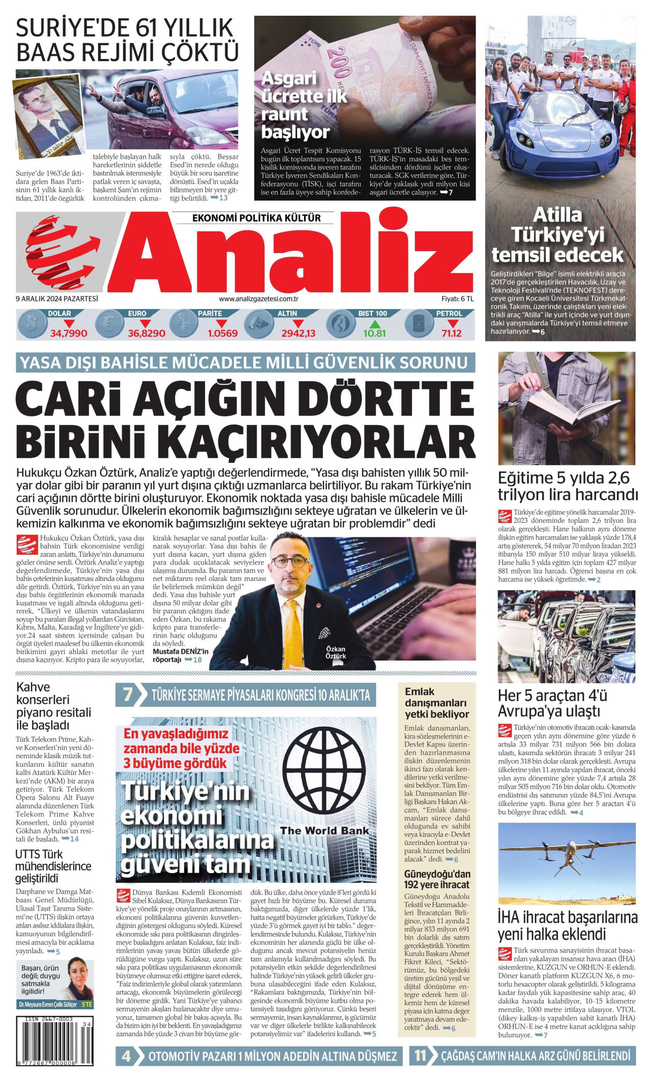 ANALİZ gazetesinin 9 Aralık 2024 tarihli birinci sayfası