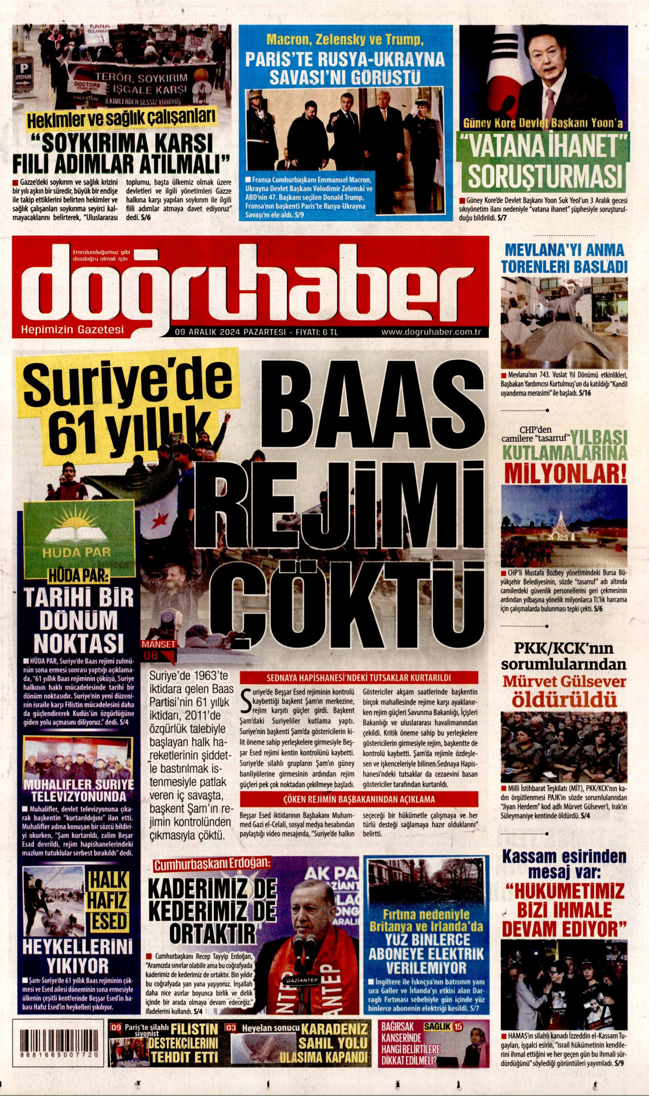 DOĞRU HABER gazetesinin 9 Aralık 2024 tarihli birinci sayfası