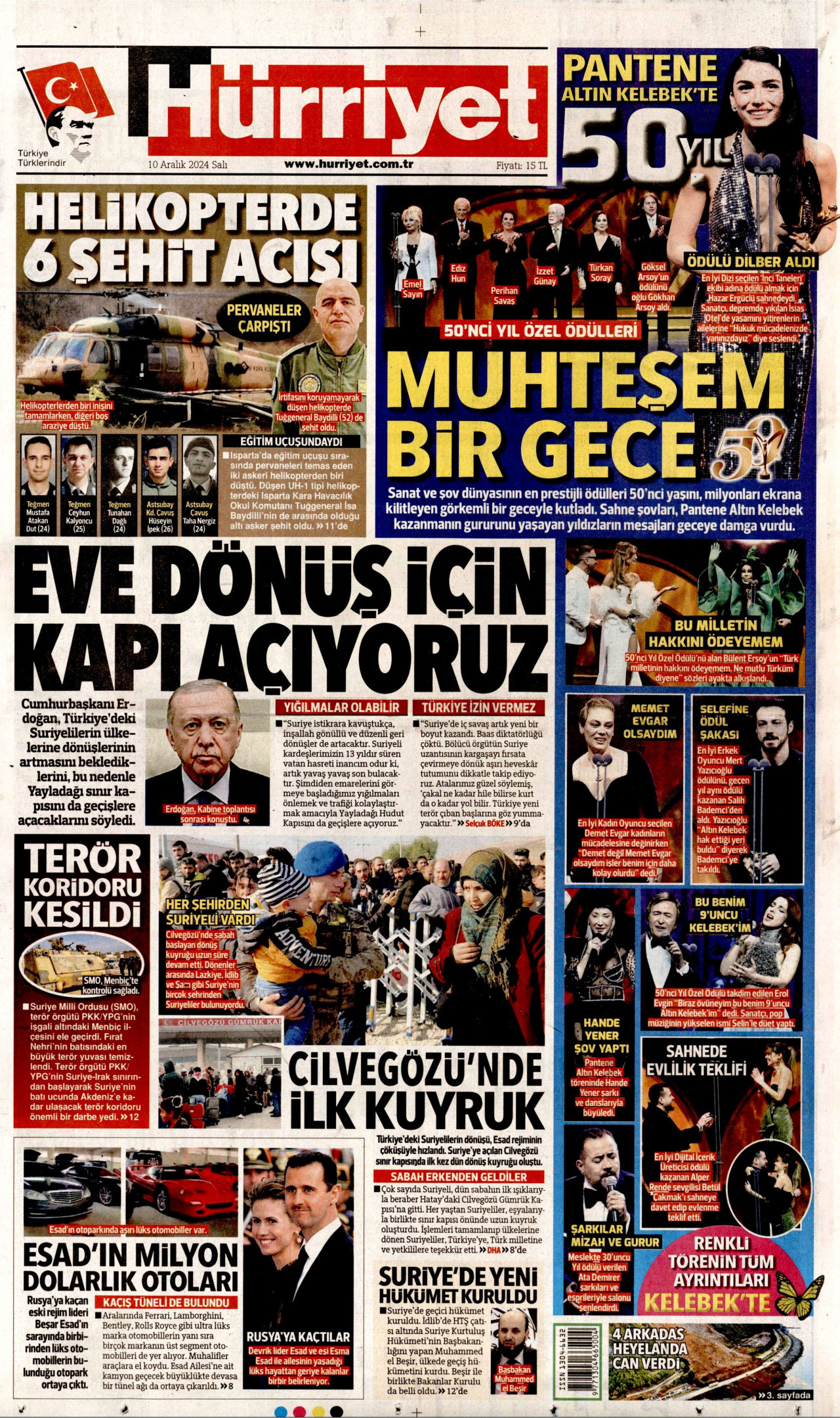 HÜRRİYET gazetesinin 10 Aralık 2024 tarihli birinci sayfası