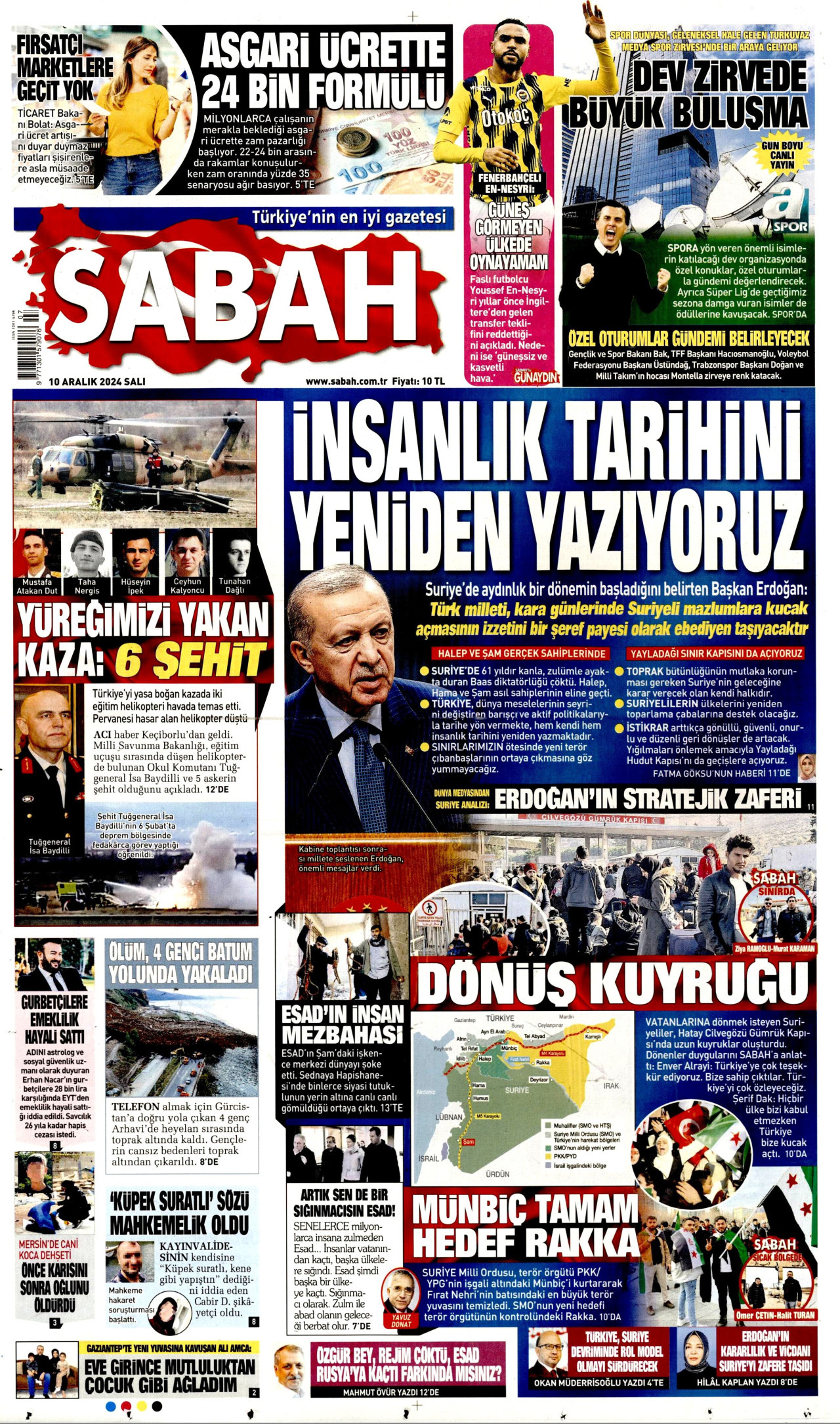 SABAH gazetesinin 10 Aralık 2024 tarihli birinci sayfası