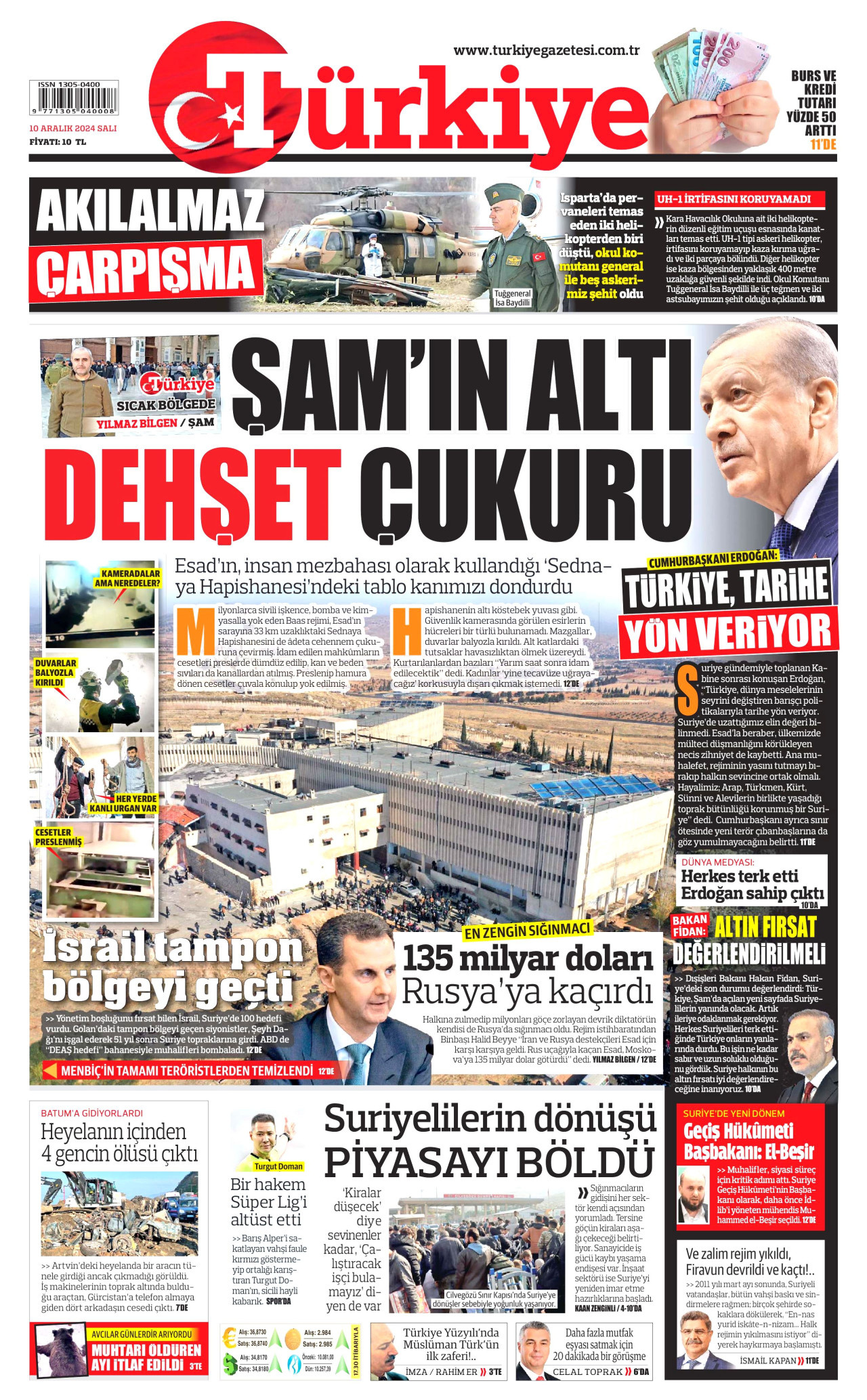 TÜRKİYE GAZETESİ gazetesinin 10 Aralık 2024 tarihli birinci sayfası