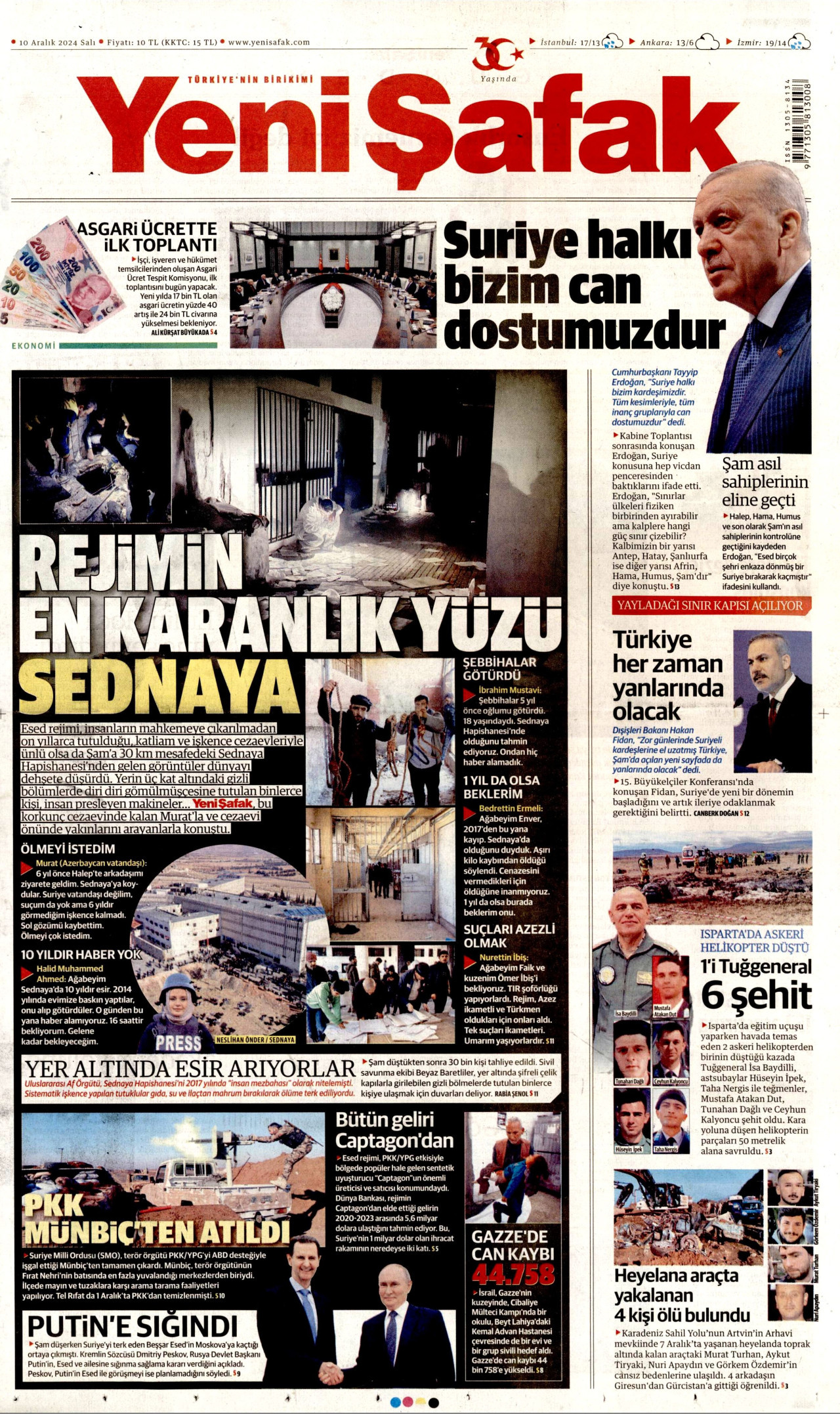 YENİ ŞAFAK gazetesinin 10 Aralık 2024 tarihli birinci sayfası