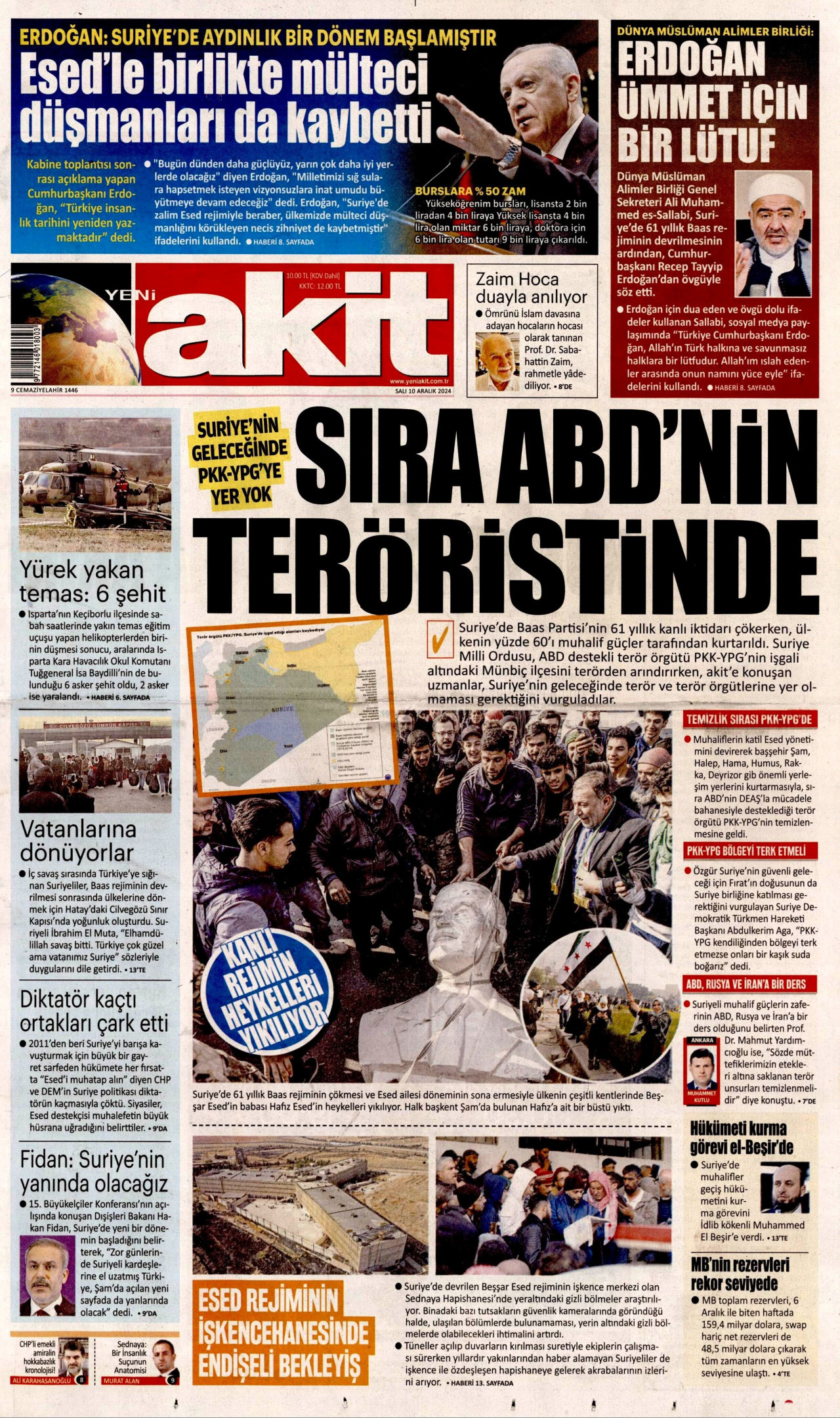 YENİ AKİT gazetesinin 10 Aralık 2024 tarihli birinci sayfası