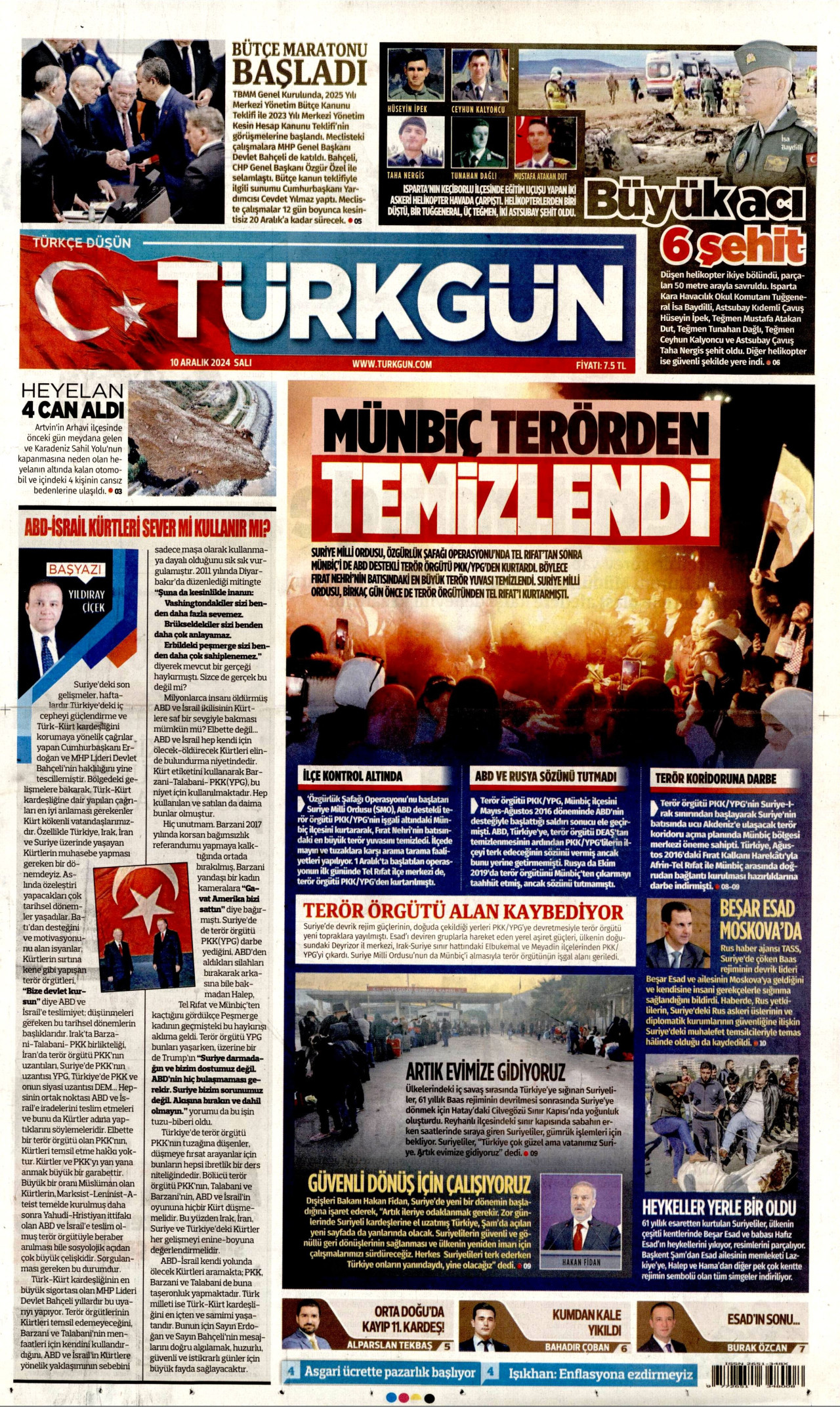 TÜRKGÜN gazetesinin 10 Aralık 2024 tarihli birinci sayfası