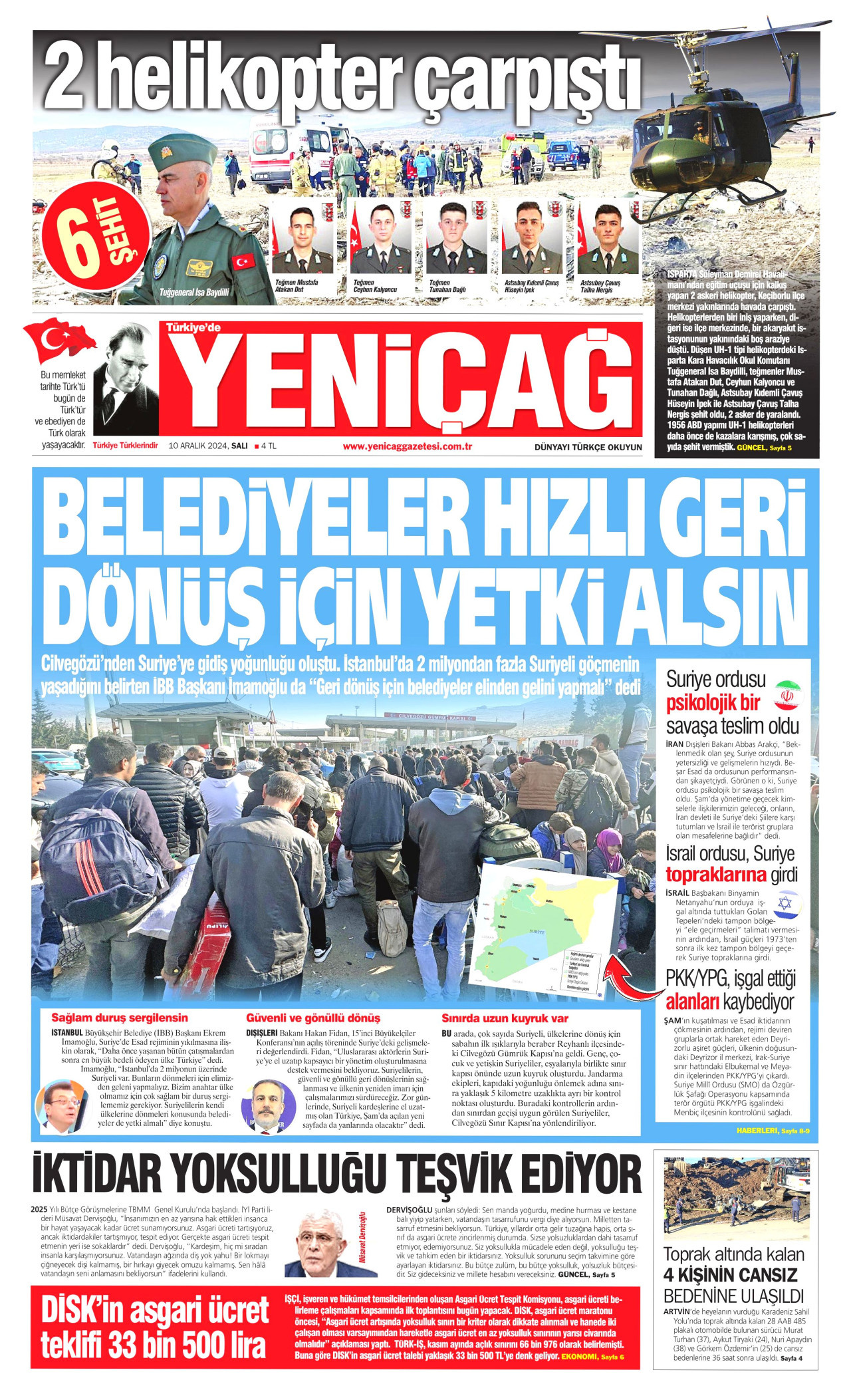 YENİÇAĞ gazetesinin 10 Aralık 2024 tarihli birinci sayfası