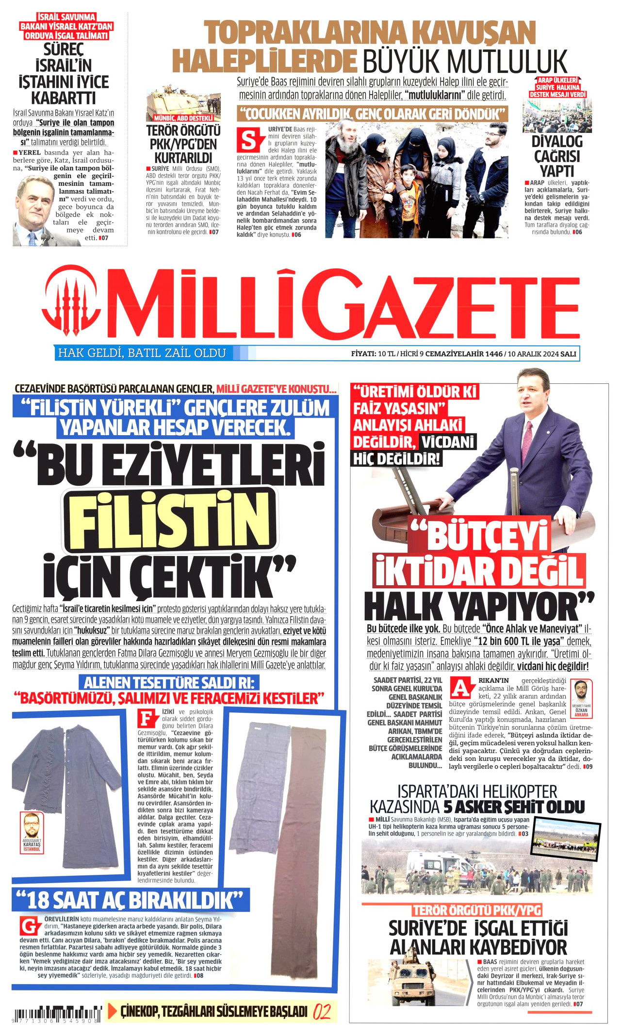 MİLLİ GAZETE gazetesinin 10 Aralık 2024 tarihli birinci sayfası