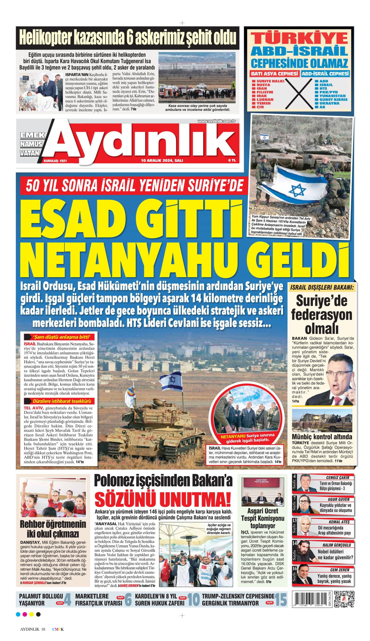 AYDINLIK GAZETESİ gazetesinin 10 Aralık 2024 tarihli birinci sayfası