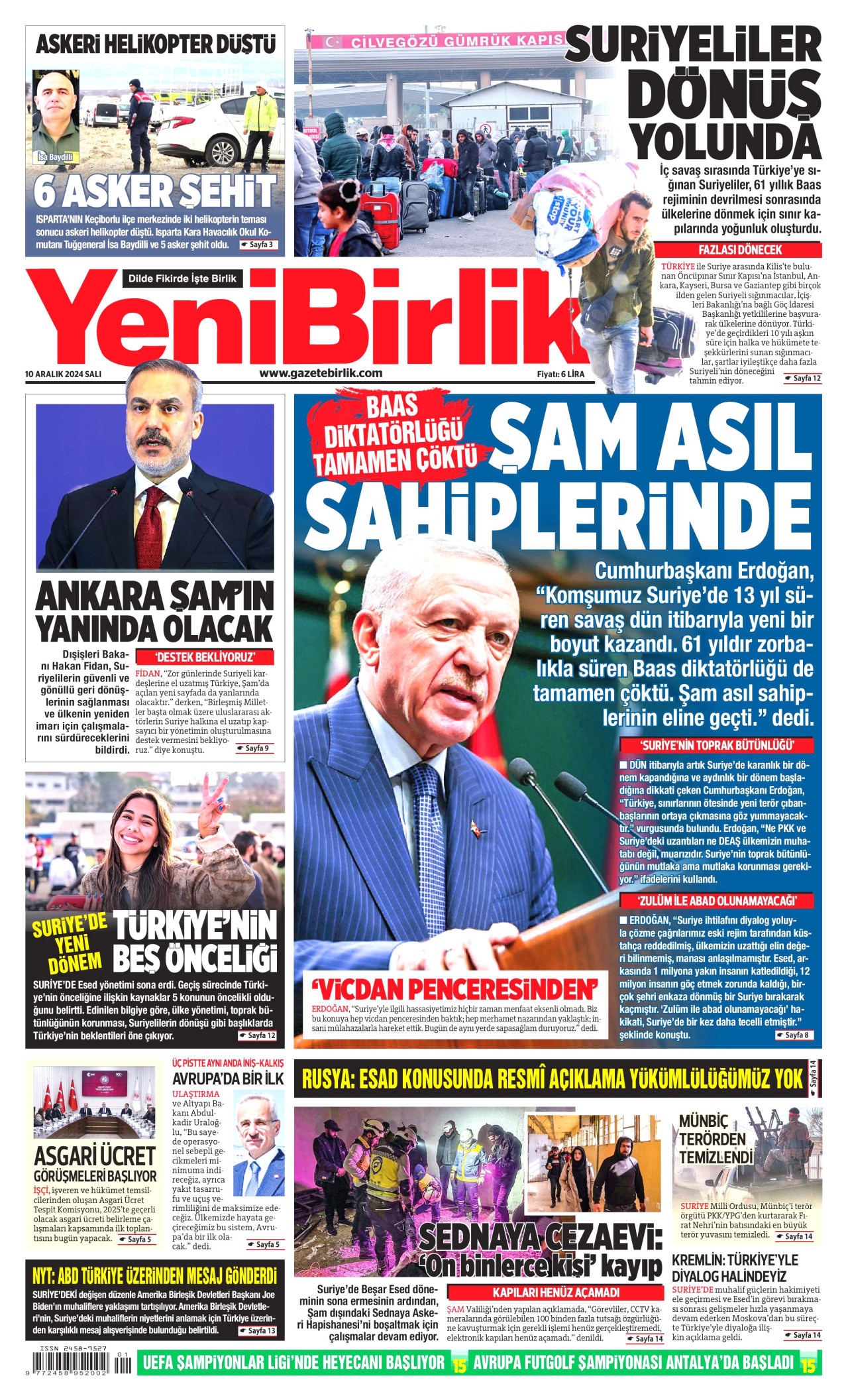 YENİBİRLİK gazetesinin 10 Aralık 2024 tarihli birinci sayfası