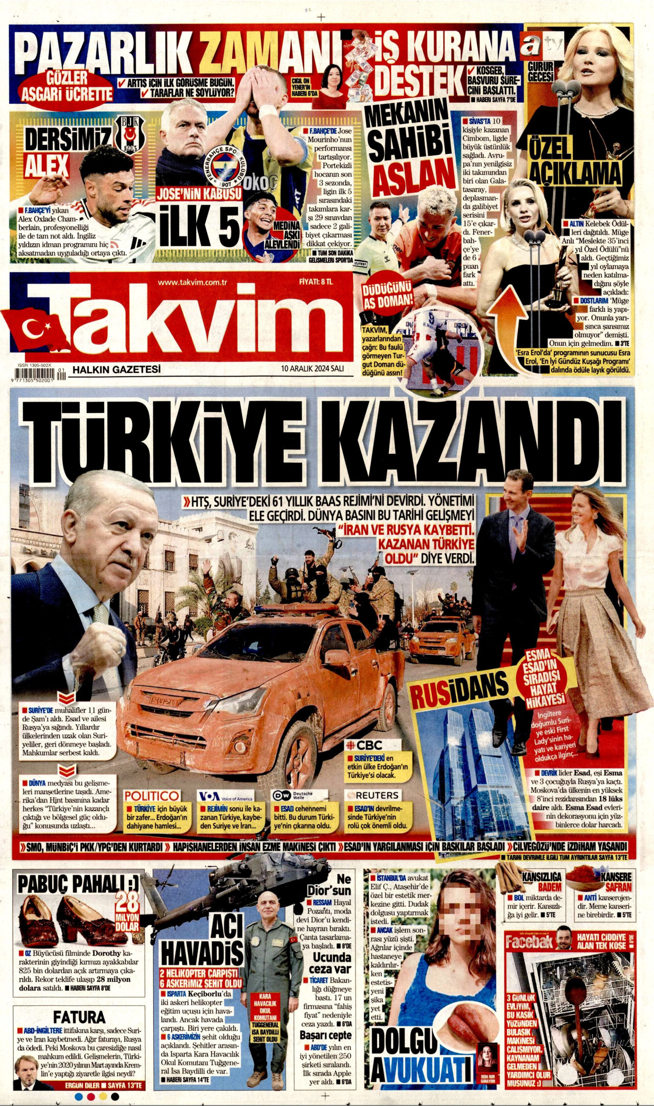 TAKVİM gazetesinin 10 Aralık 2024 tarihli birinci sayfası