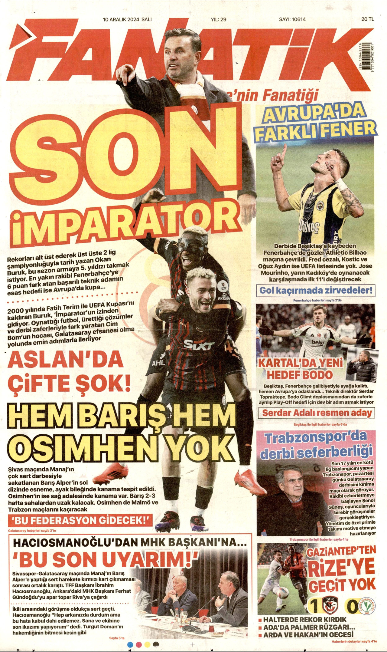 FANATİK gazetesinin 10 Aralık 2024 tarihli birinci sayfası