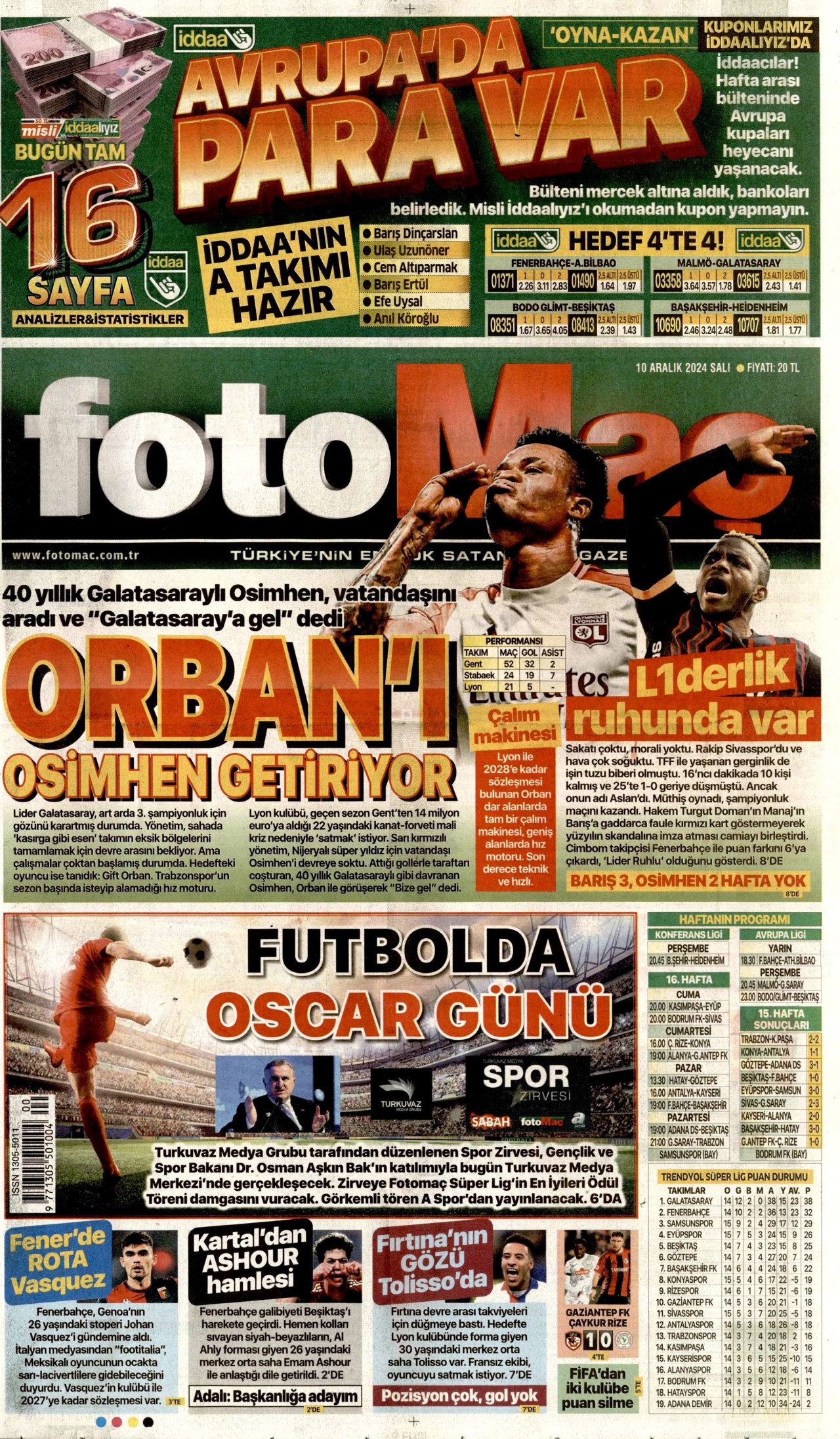 FOTOMAÇ gazetesinin 10 Aralık 2024 tarihli birinci sayfası