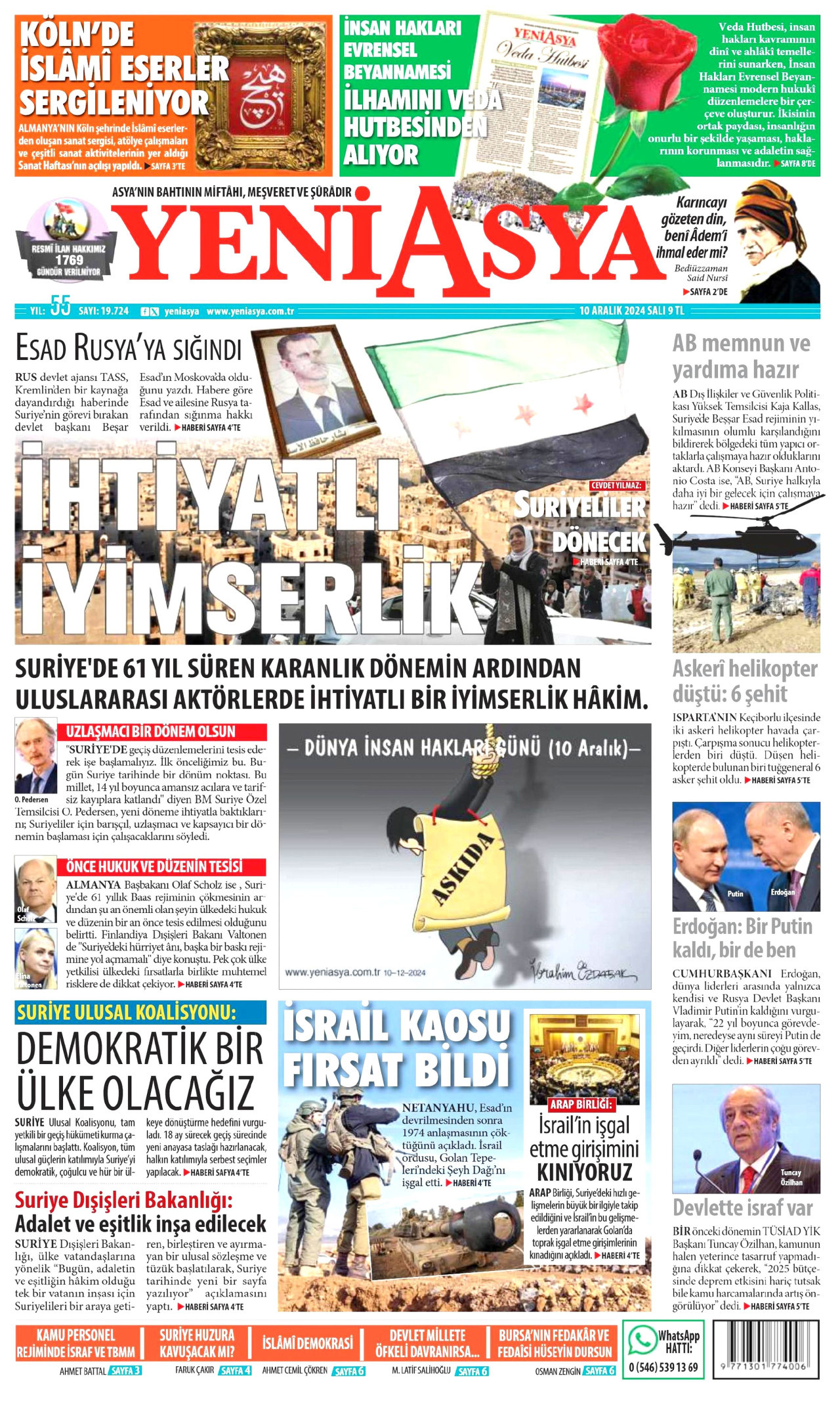 YENİ ASYA gazetesinin 10 Aralık 2024 tarihli birinci sayfası