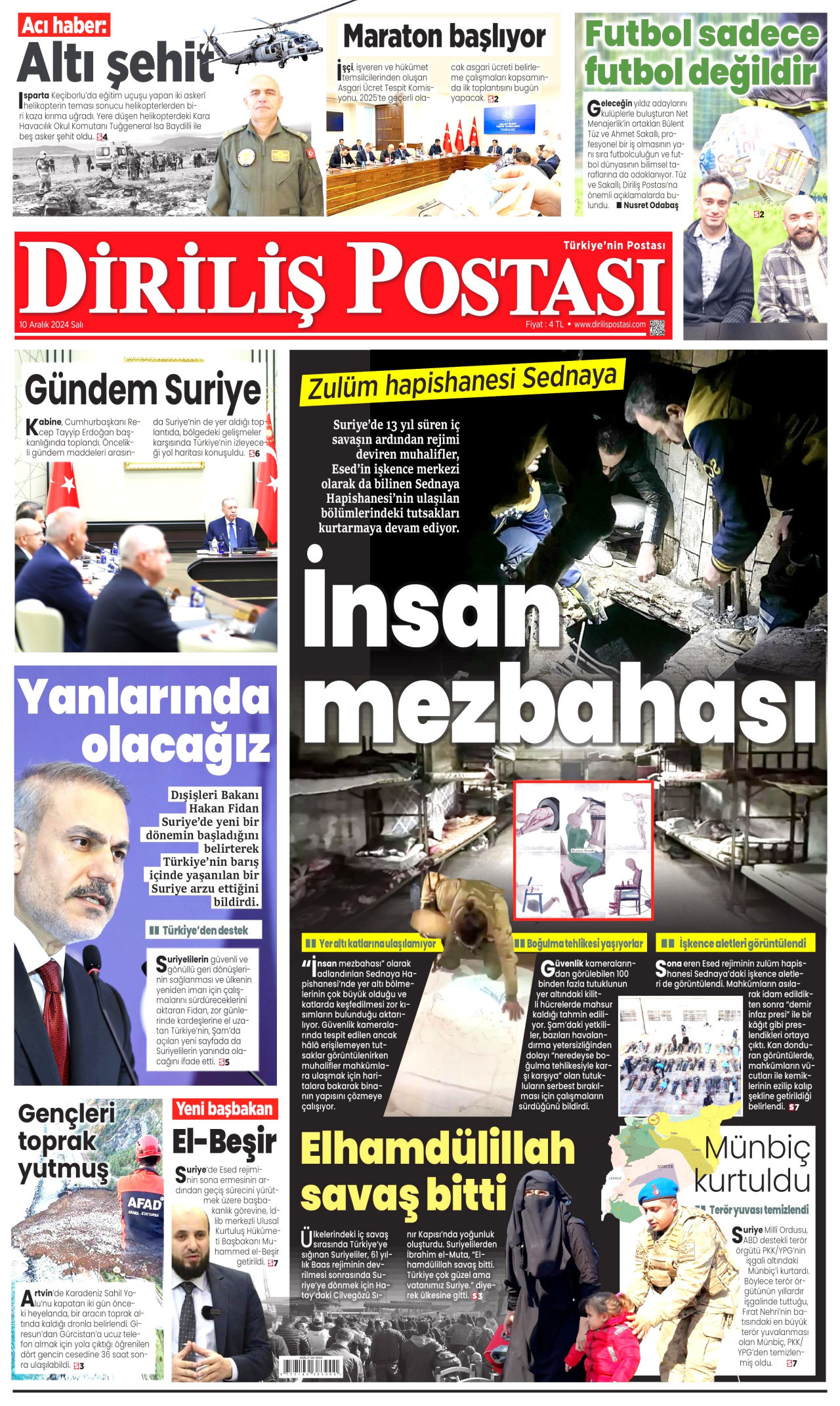 DİRİLİŞ POSTASI gazetesinin 10 Aralık 2024 tarihli birinci sayfası