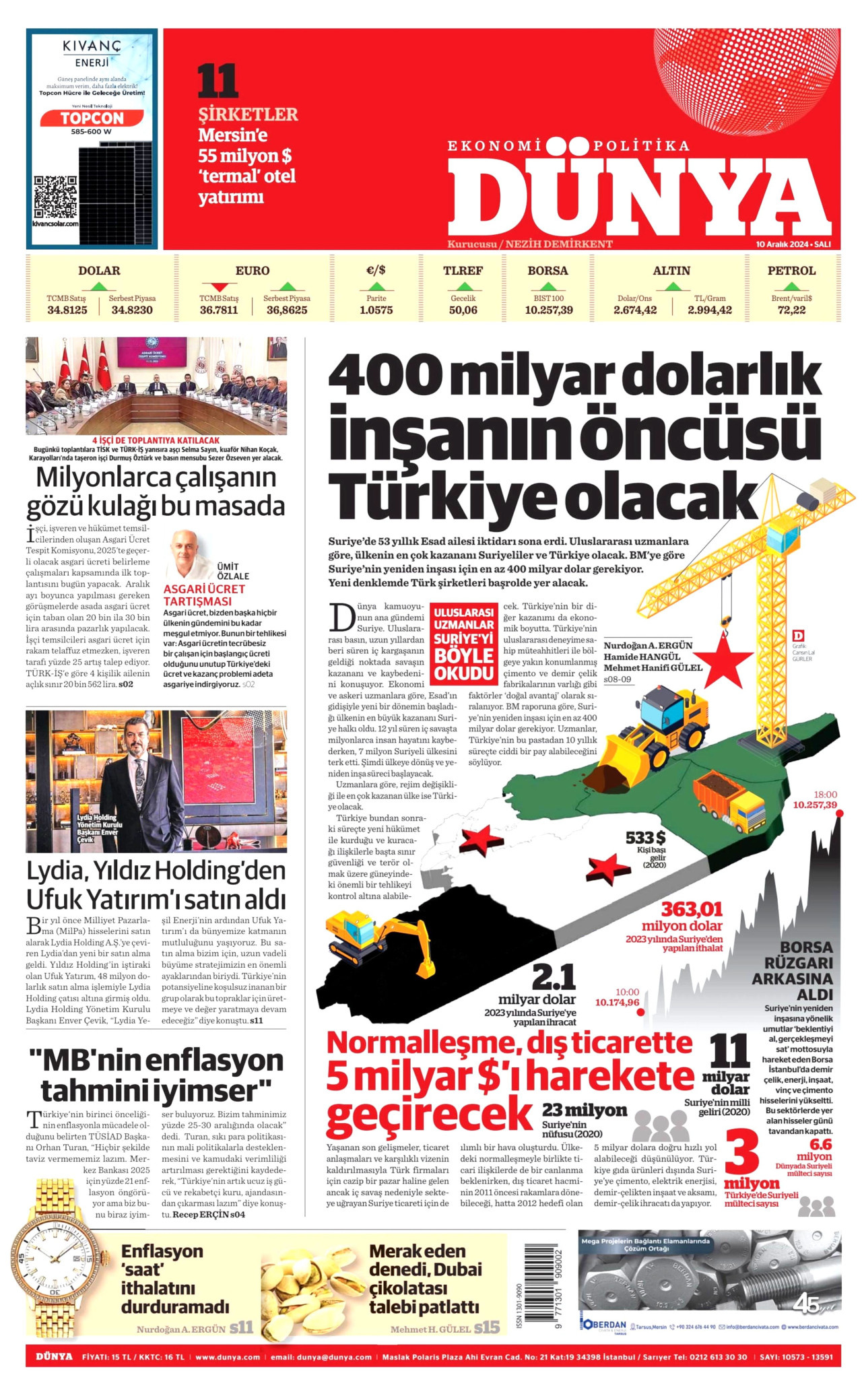 DÜNYA gazetesinin 10 Aralık 2024 tarihli birinci sayfası