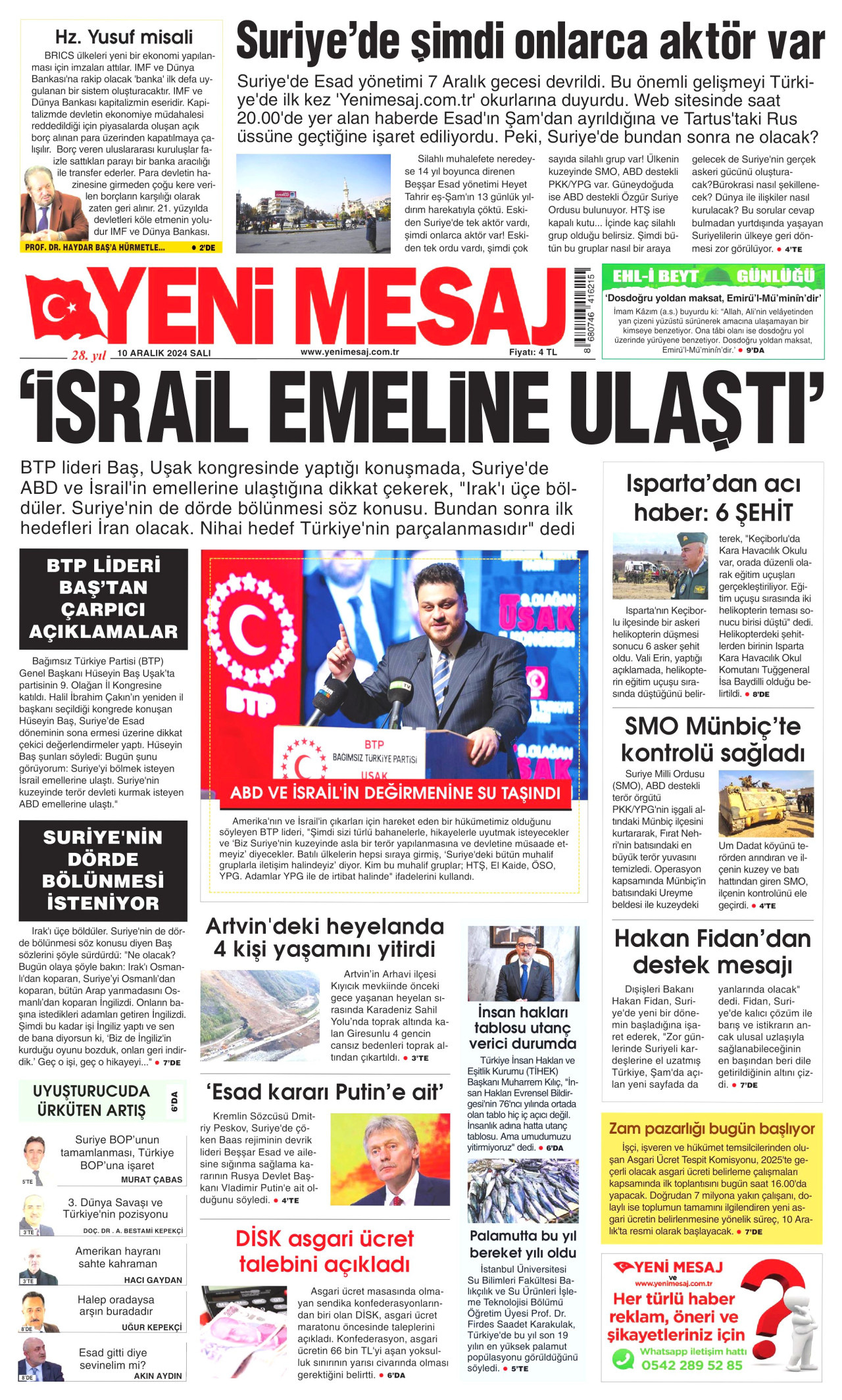 YENİ MESAJ gazetesinin 10 Aralık 2024 tarihli birinci sayfası