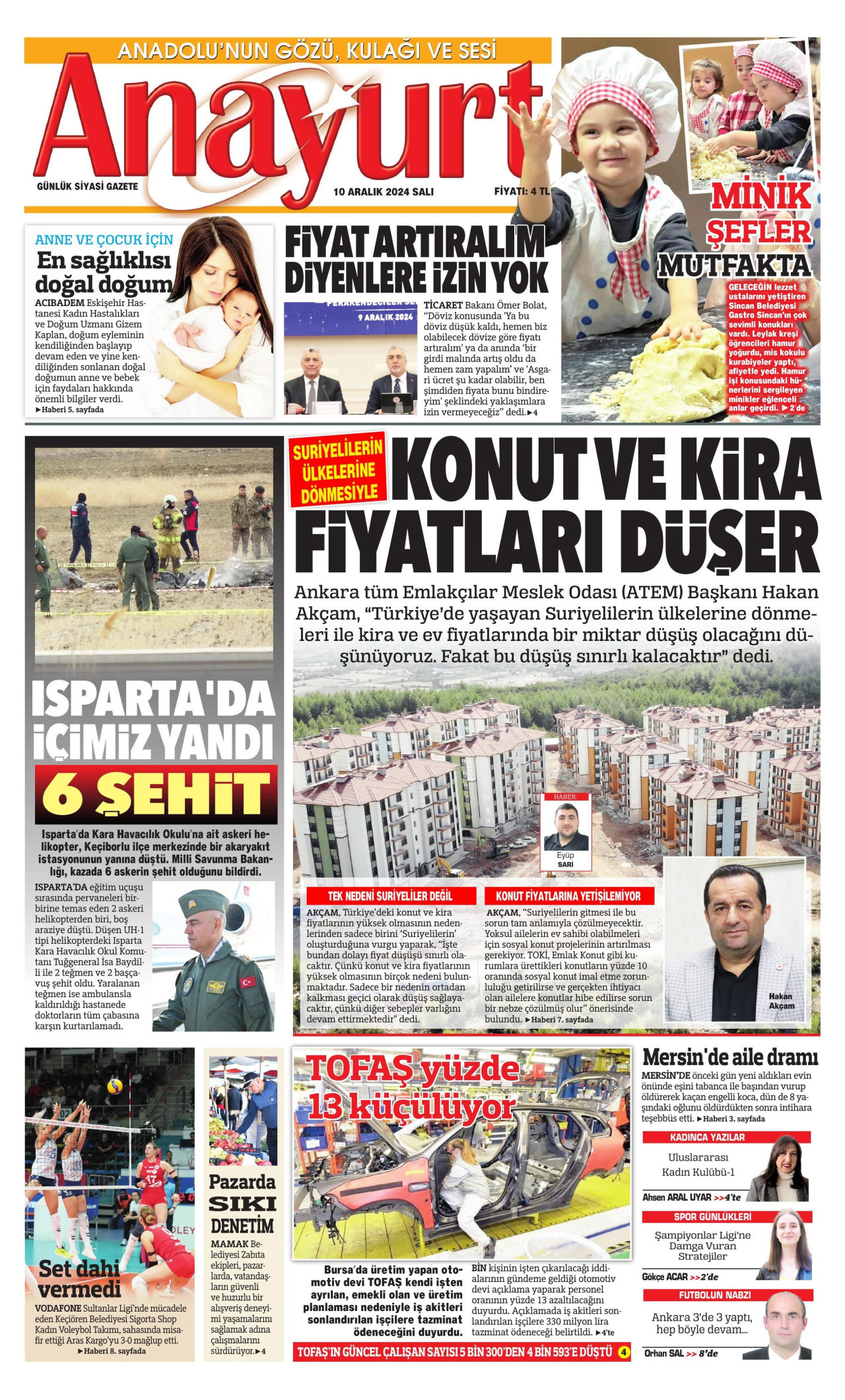 ANAYURT gazetesinin 10 Aralık 2024 tarihli birinci sayfası