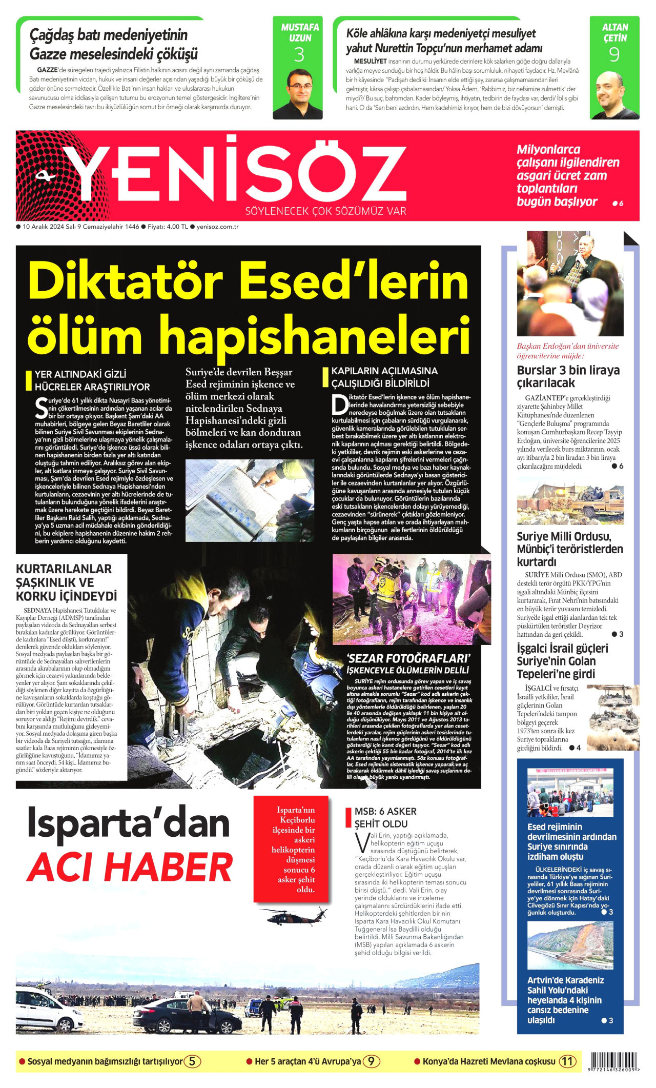 YENİ SÖZ GAZETESİ gazetesinin 10 Aralık 2024 tarihli birinci sayfası