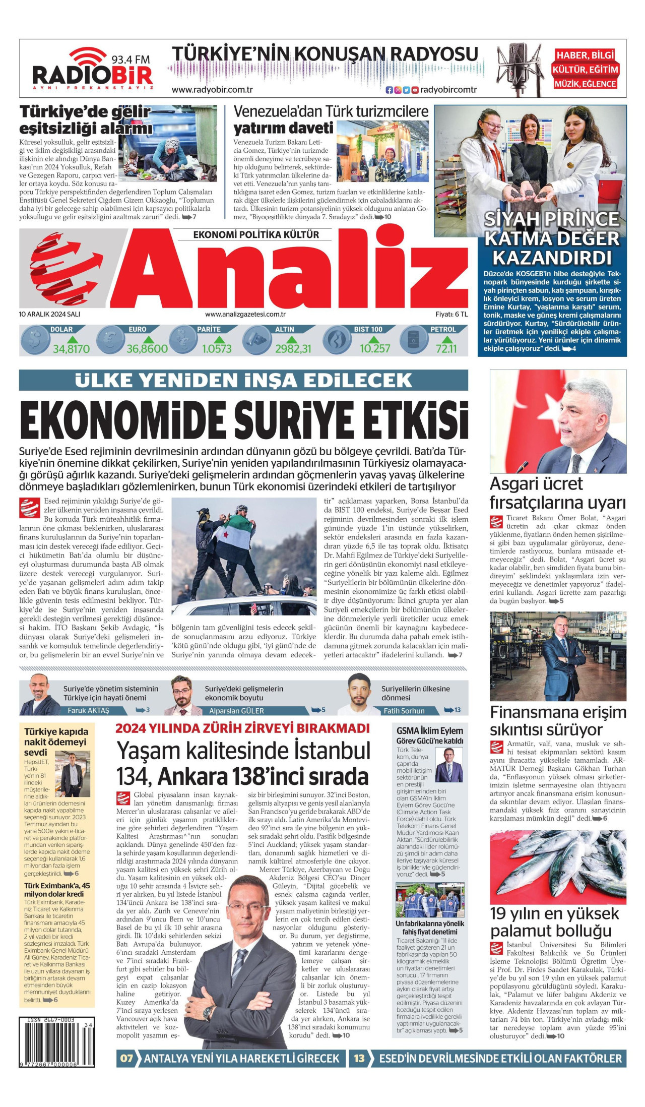 ANALİZ gazetesinin 10 Aralık 2024 tarihli birinci sayfası