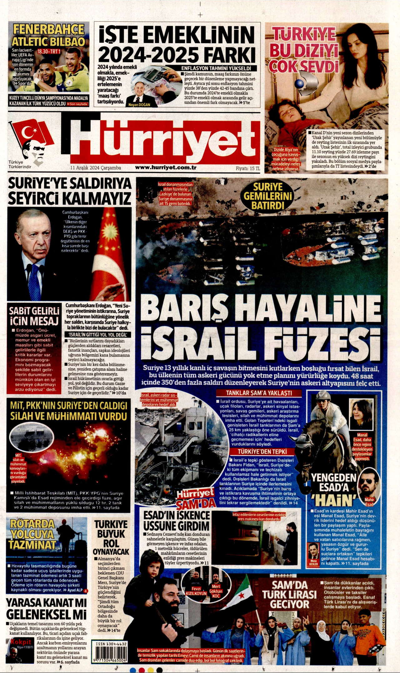 HÜRRİYET gazetesinin 11 Aralık 2024 tarihli birinci sayfası