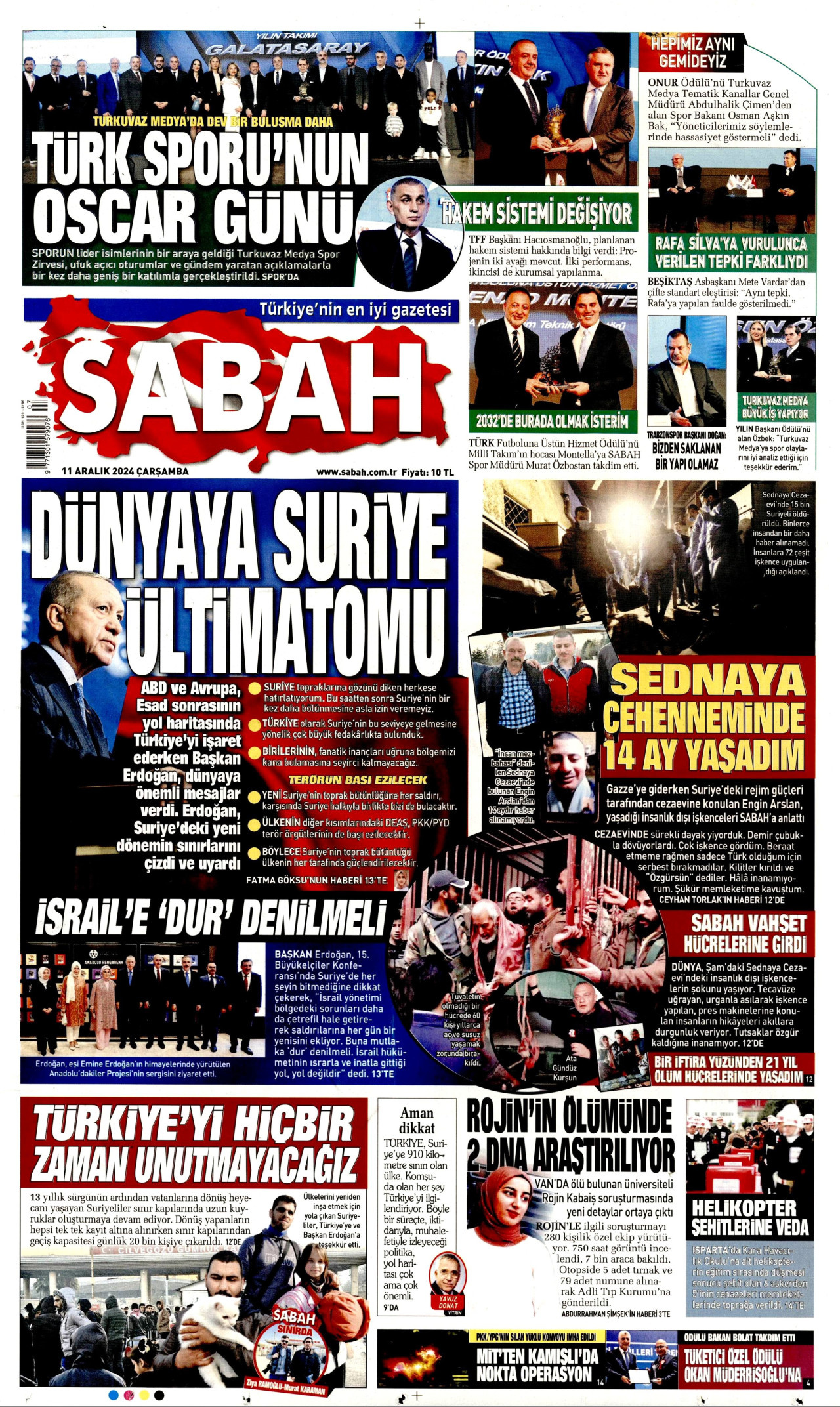 SABAH gazetesinin 11 Aralık 2024 tarihli birinci sayfası