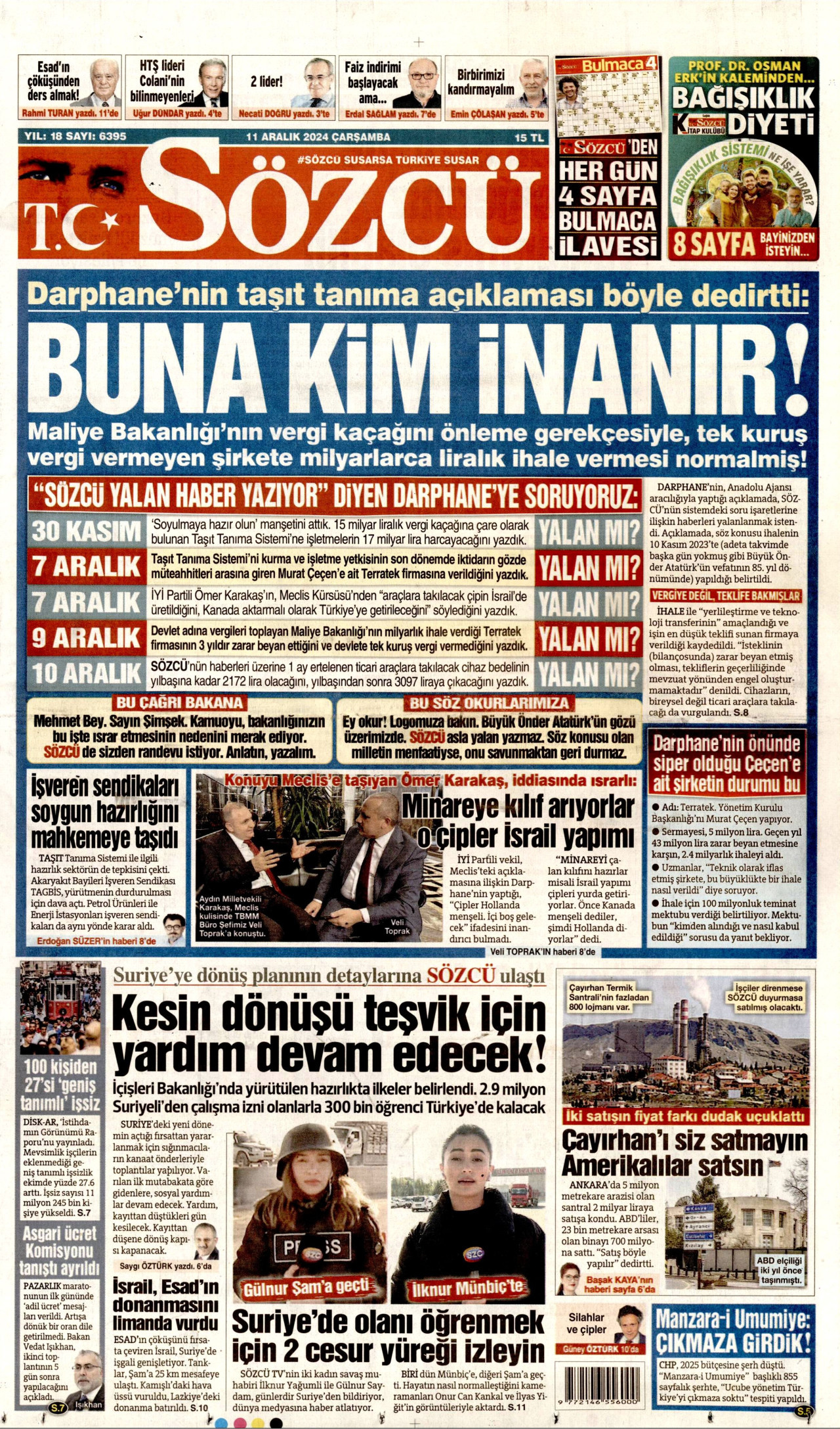 SÖZCÜ gazetesinin 11 Aralık 2024 tarihli birinci sayfası