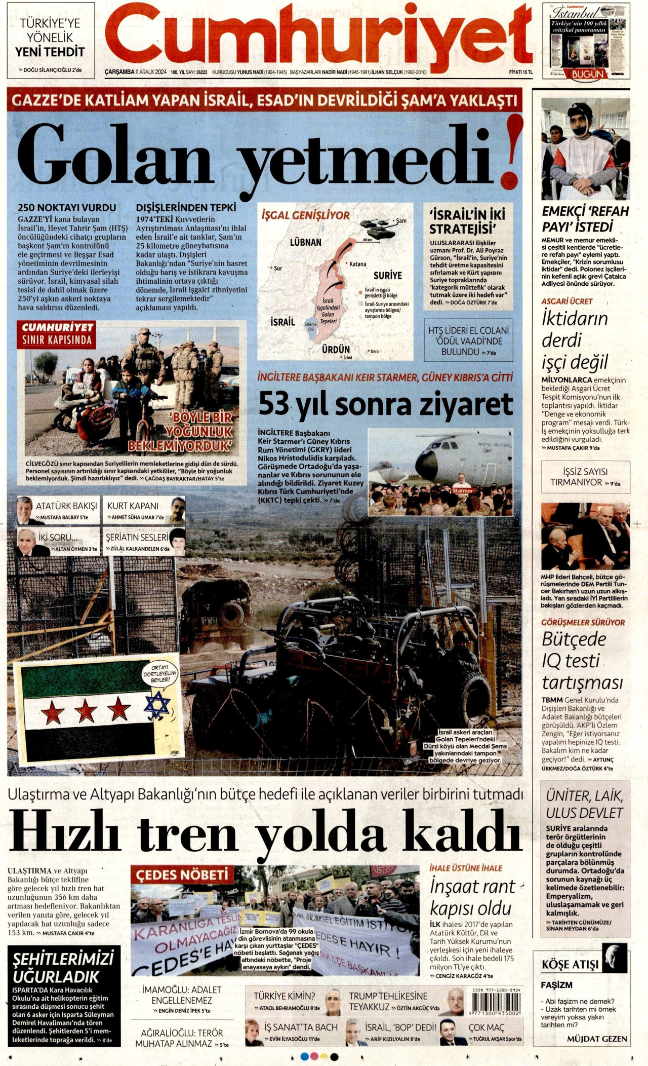 CUMHURİYET gazetesinin 11 Aralık 2024 tarihli birinci sayfası