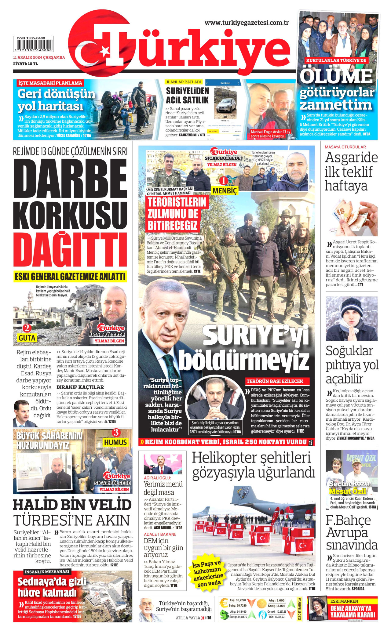 TÜRKİYE GAZETESİ gazetesinin 11 Aralık 2024 tarihli birinci sayfası