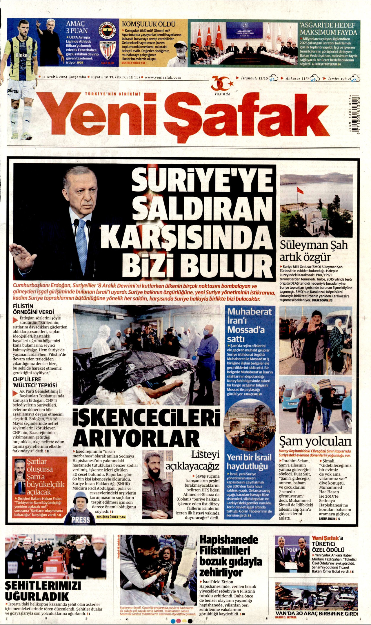 YENİ ŞAFAK gazetesinin 11 Aralık 2024 tarihli birinci sayfası