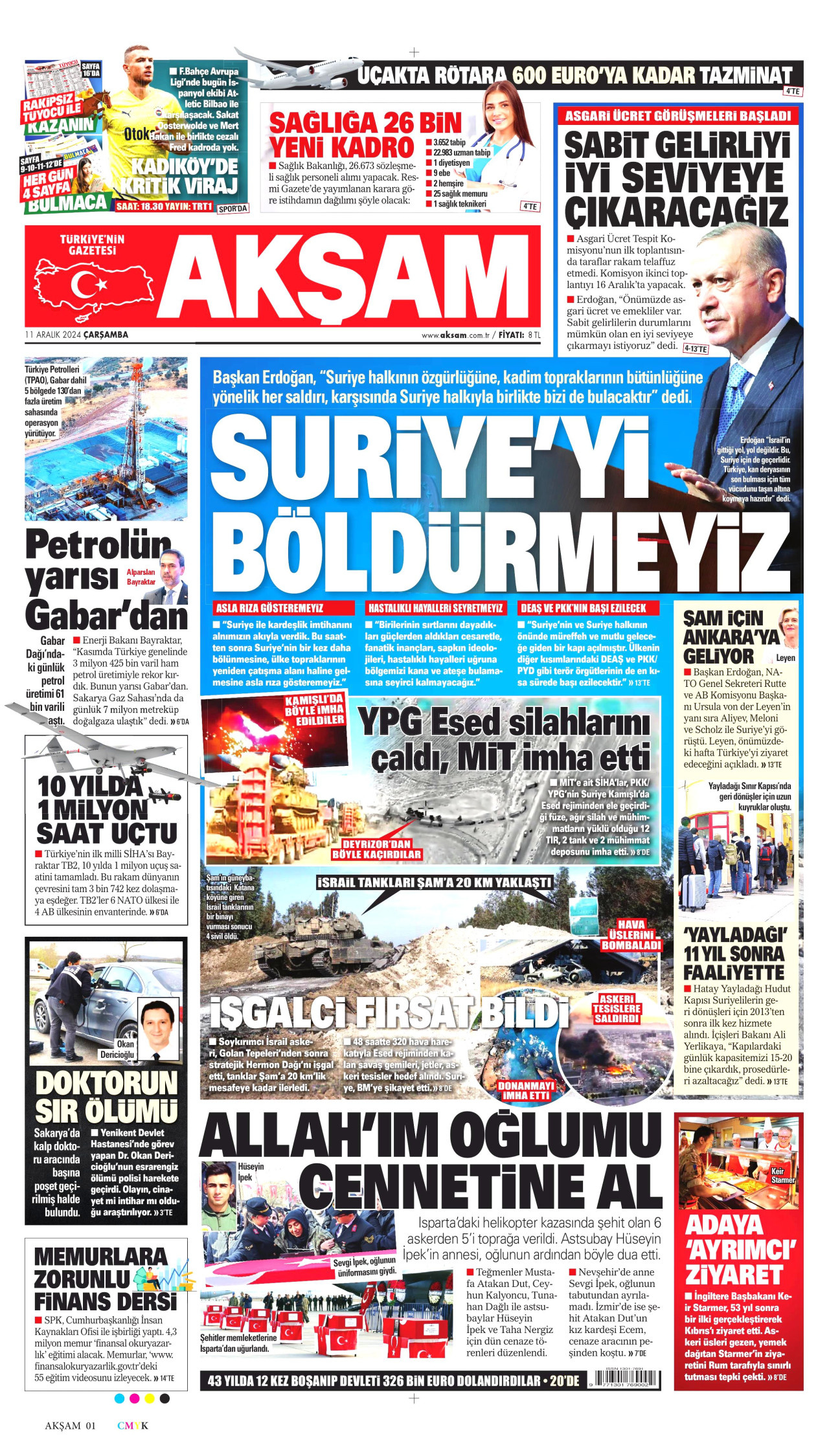 AKŞAM gazetesinin 11 Aralık 2024 tarihli birinci sayfası