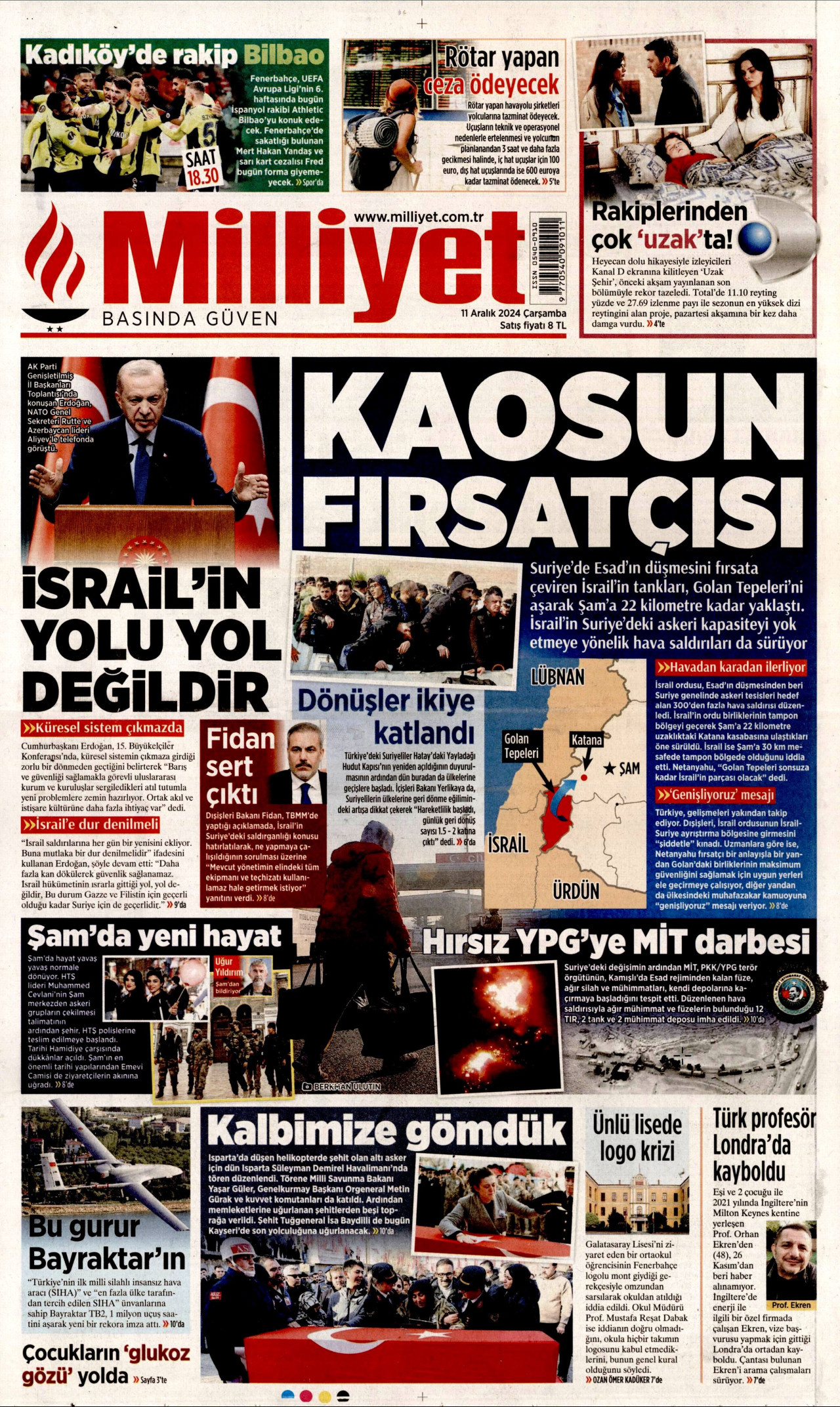 MİLLİYET gazetesinin 11 Aralık 2024 tarihli birinci sayfası