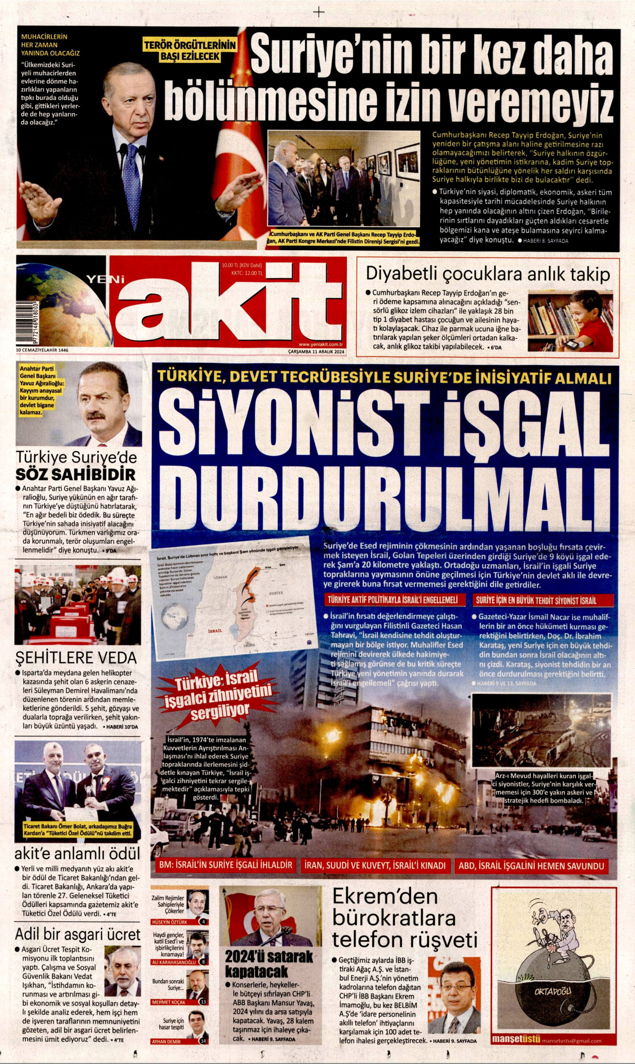 YENİ AKİT gazetesinin 11 Aralık 2024 tarihli birinci sayfası