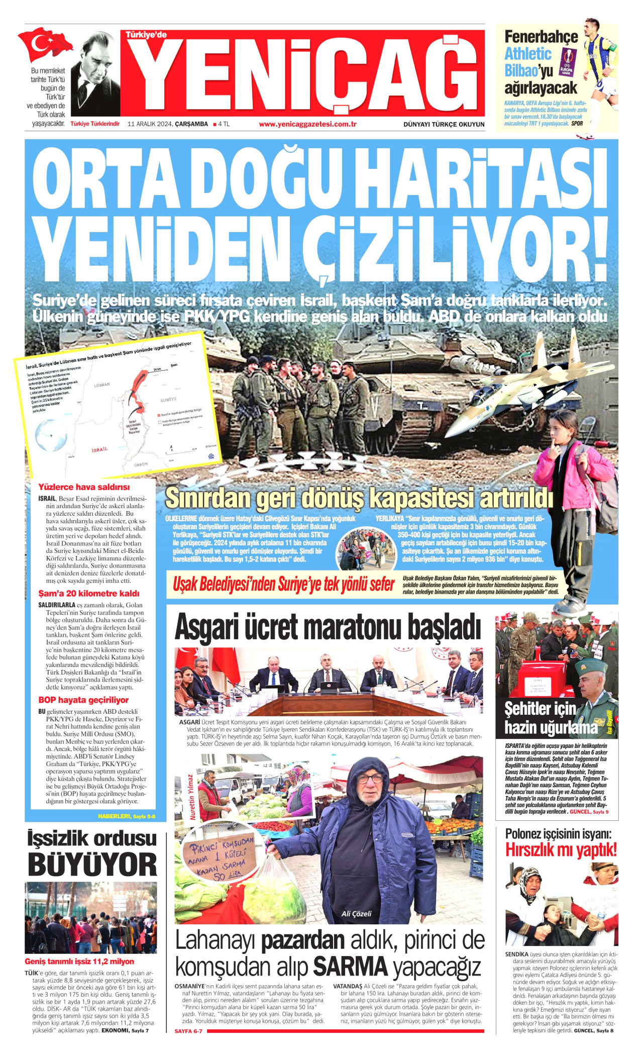 YENİÇAĞ gazetesinin 11 Aralık 2024 tarihli birinci sayfası