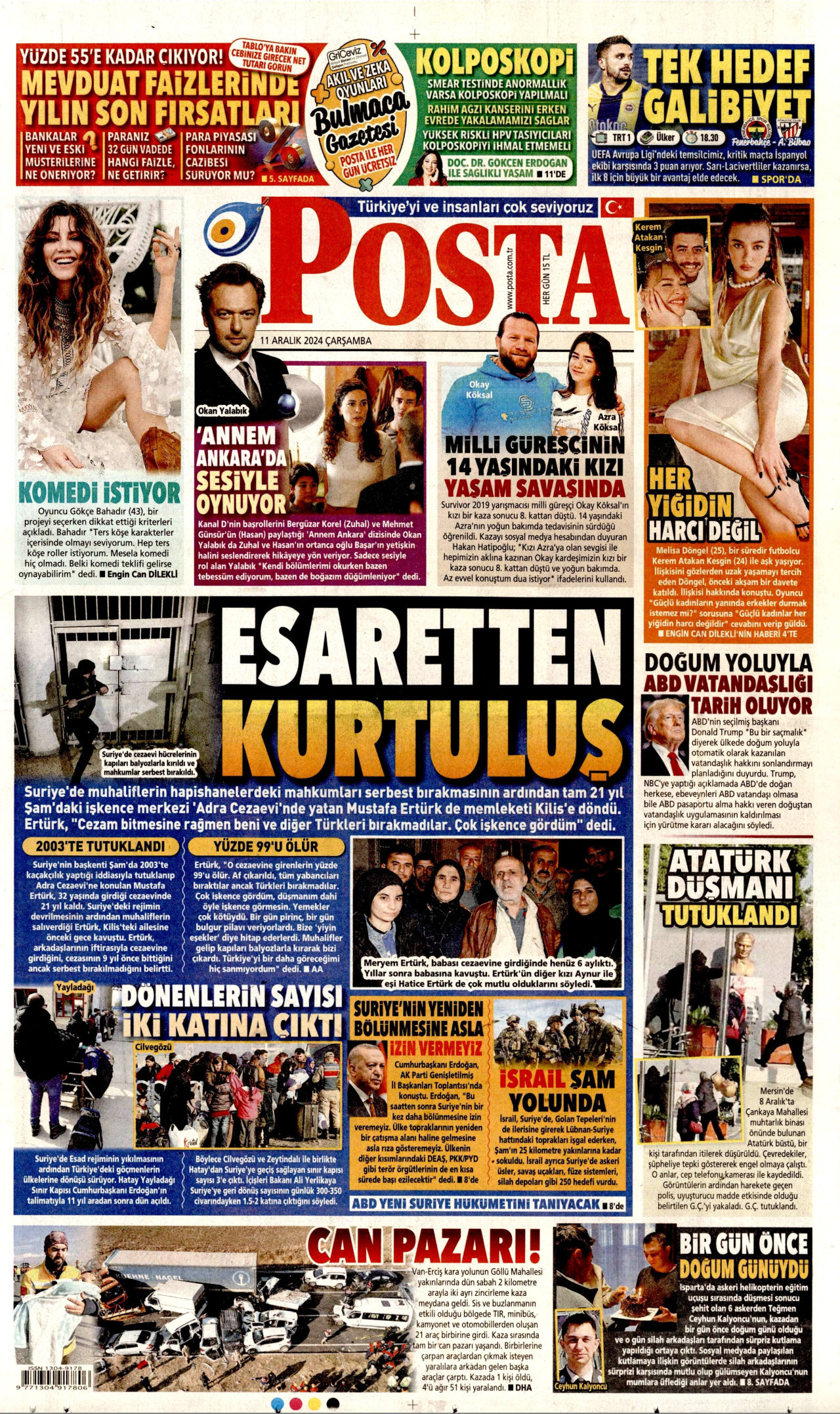 POSTA gazetesinin 11 Aralık 2024 tarihli birinci sayfası