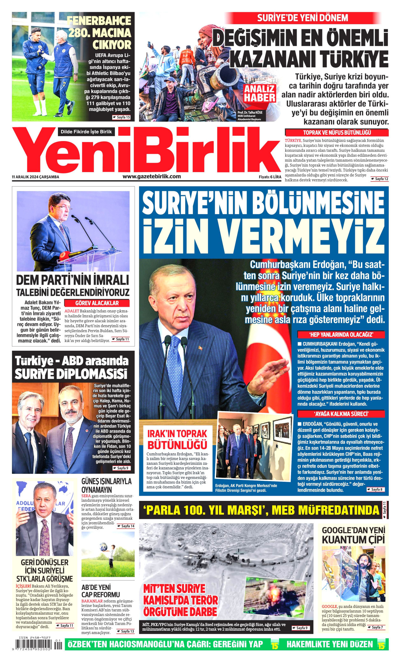 YENİBİRLİK gazetesinin 11 Aralık 2024 tarihli birinci sayfası