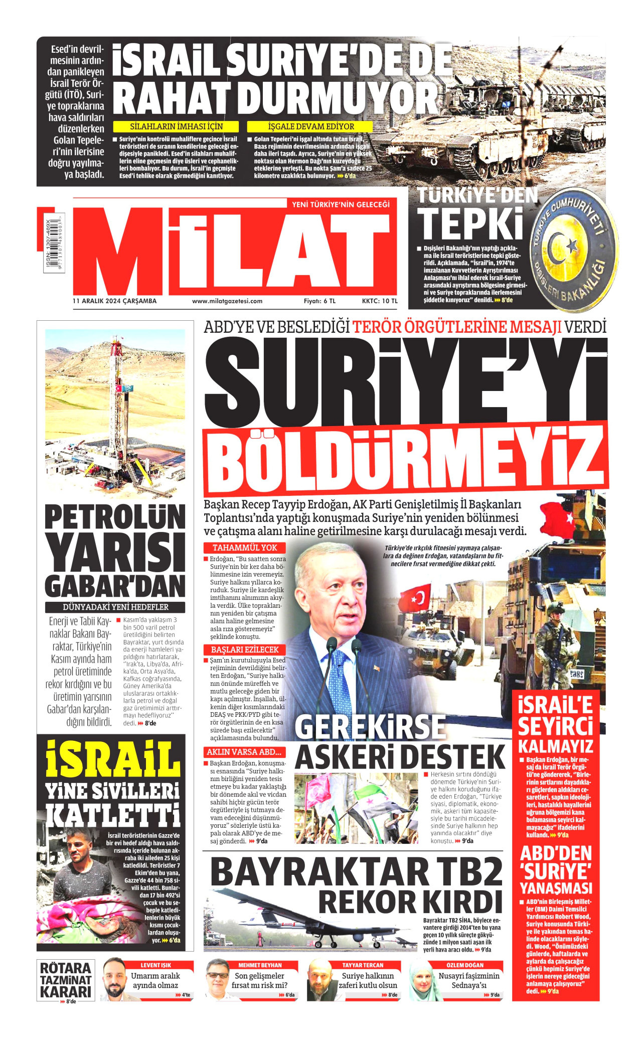 MİLAT gazetesinin 11 Aralık 2024 tarihli birinci sayfası