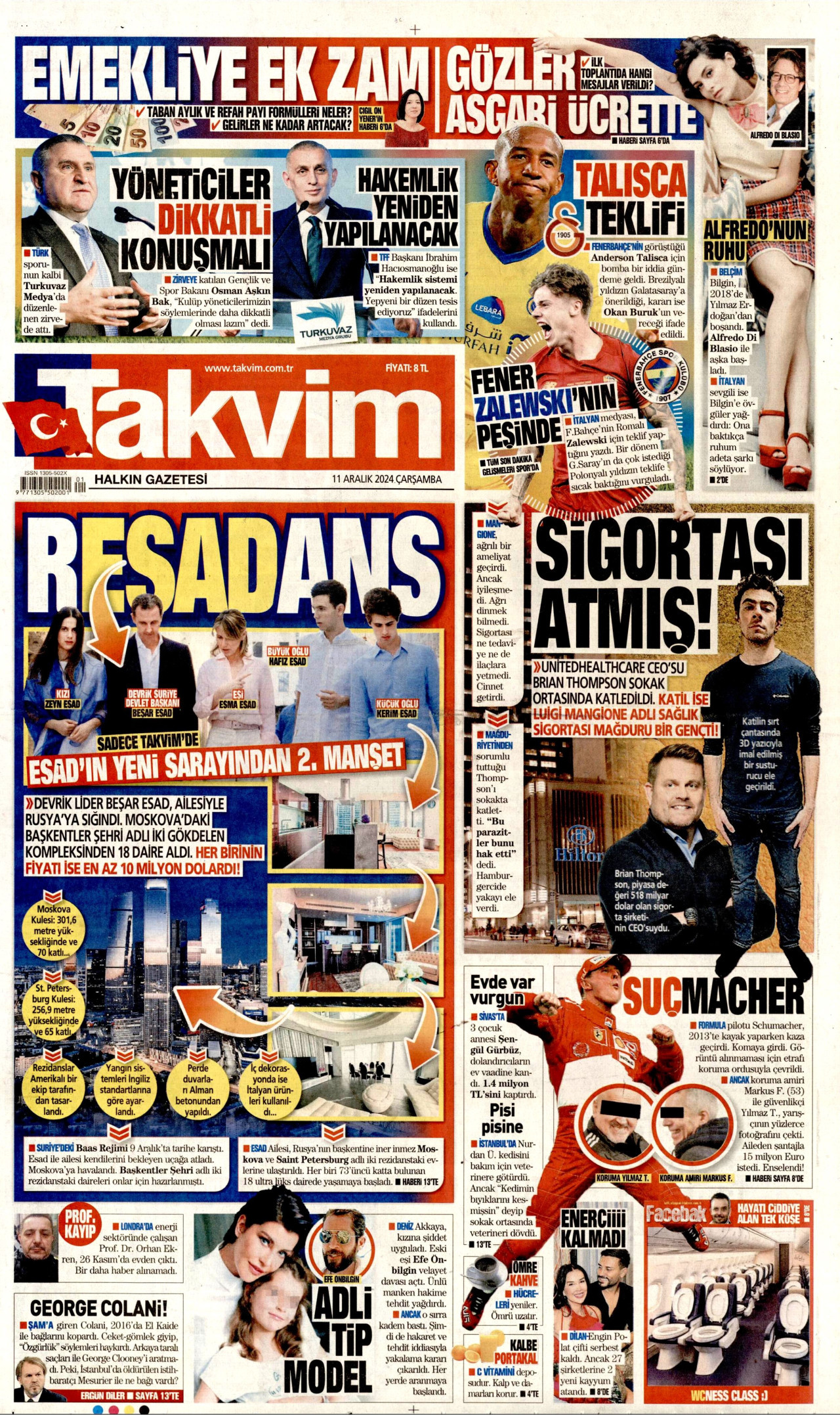 TAKVİM gazetesinin 11 Aralık 2024 tarihli birinci sayfası