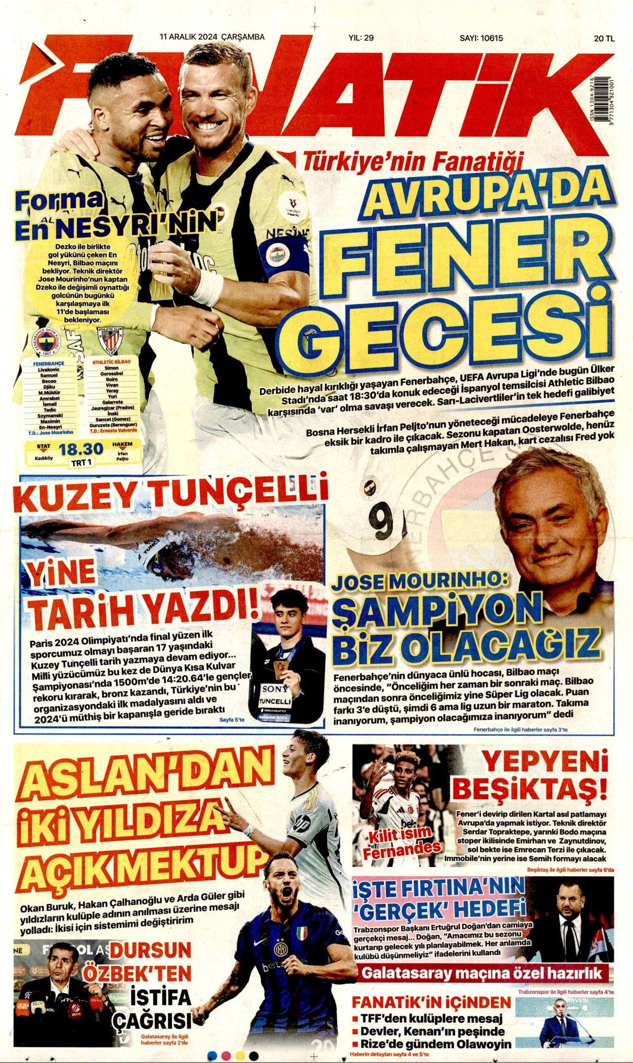 FANATİK gazetesinin 11 Aralık 2024 tarihli birinci sayfası