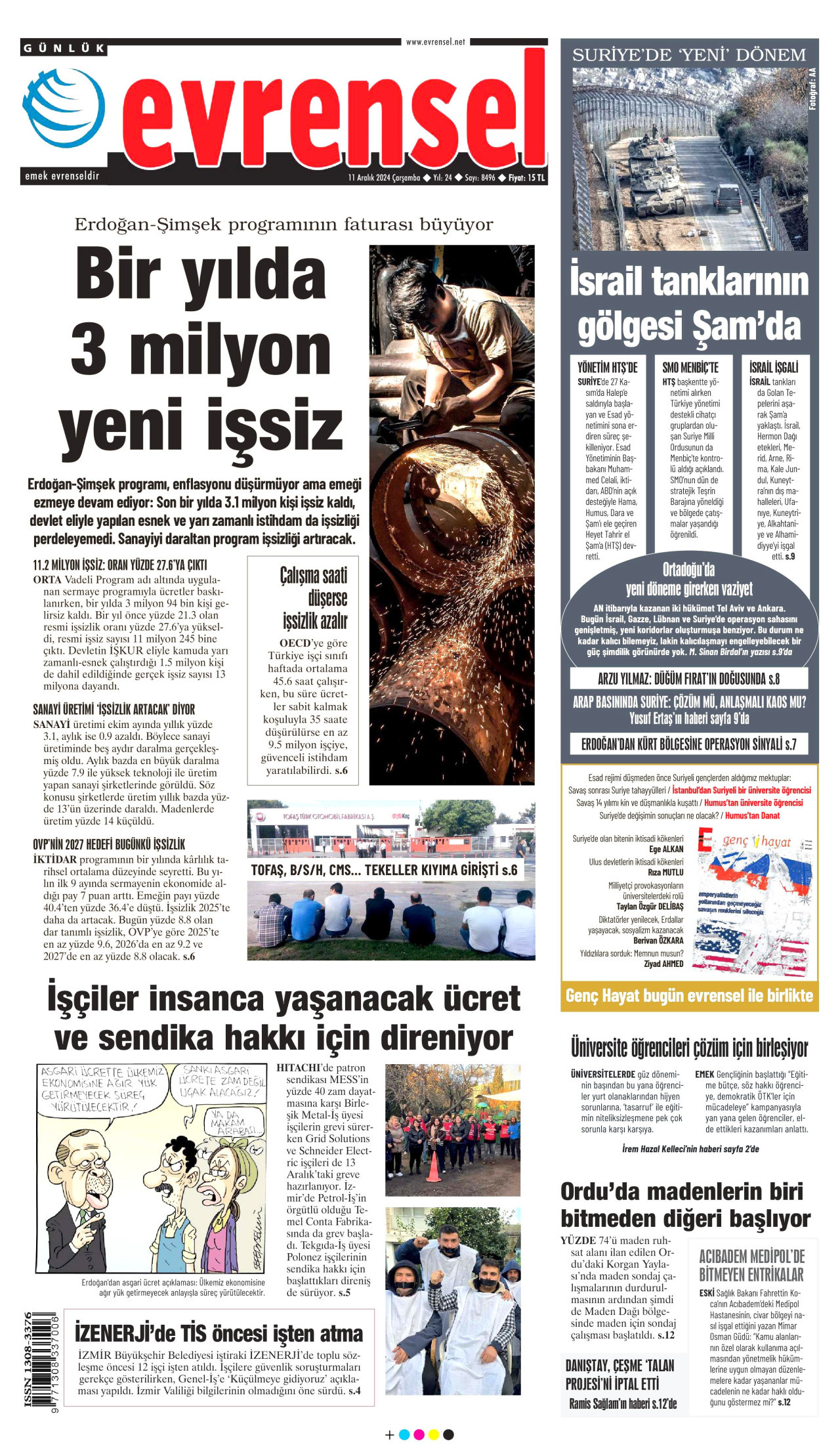 EVRENSEL gazetesinin 11 Aralık 2024 tarihli birinci sayfası