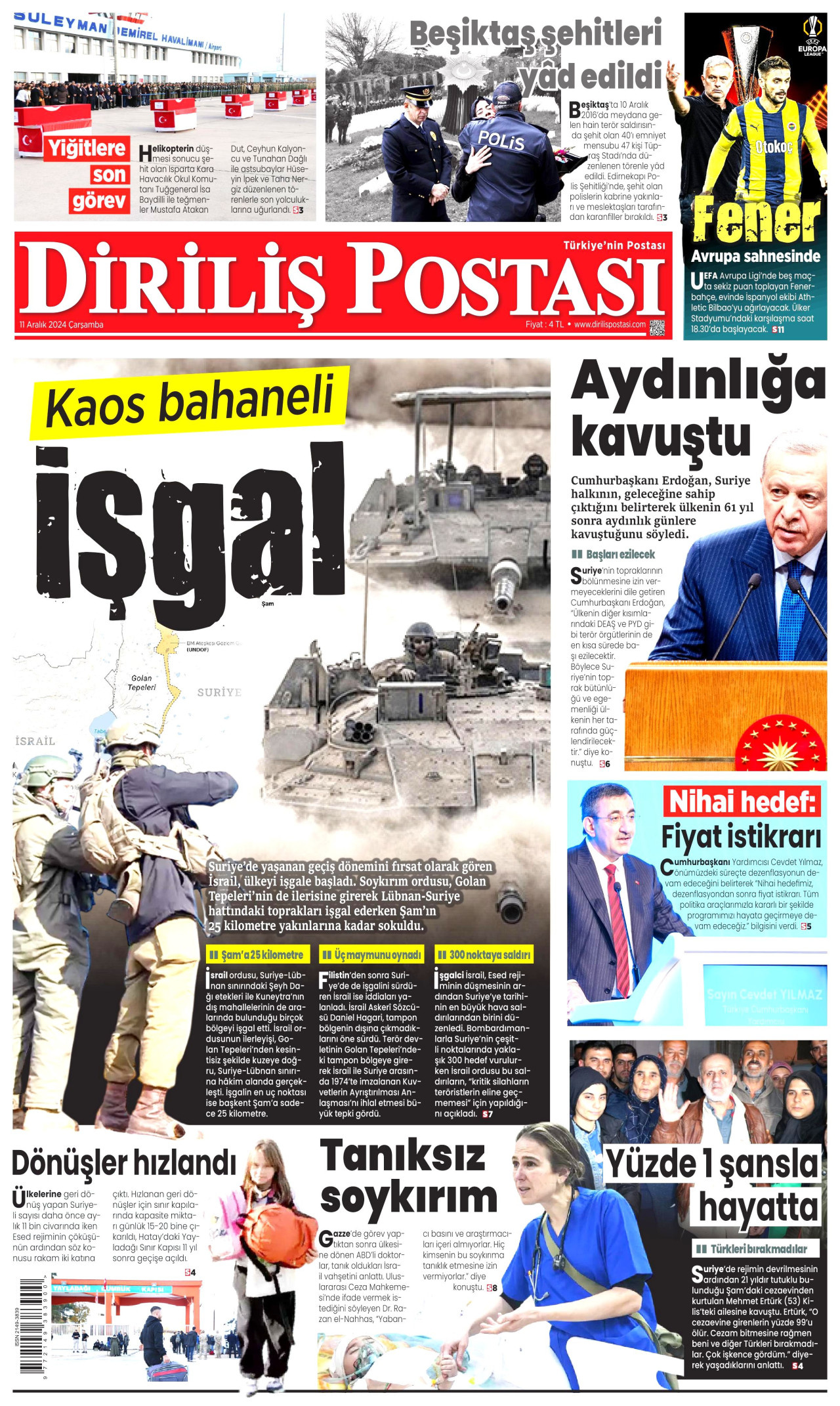 DİRİLİŞ POSTASI gazetesinin 11 Aralık 2024 tarihli birinci sayfası