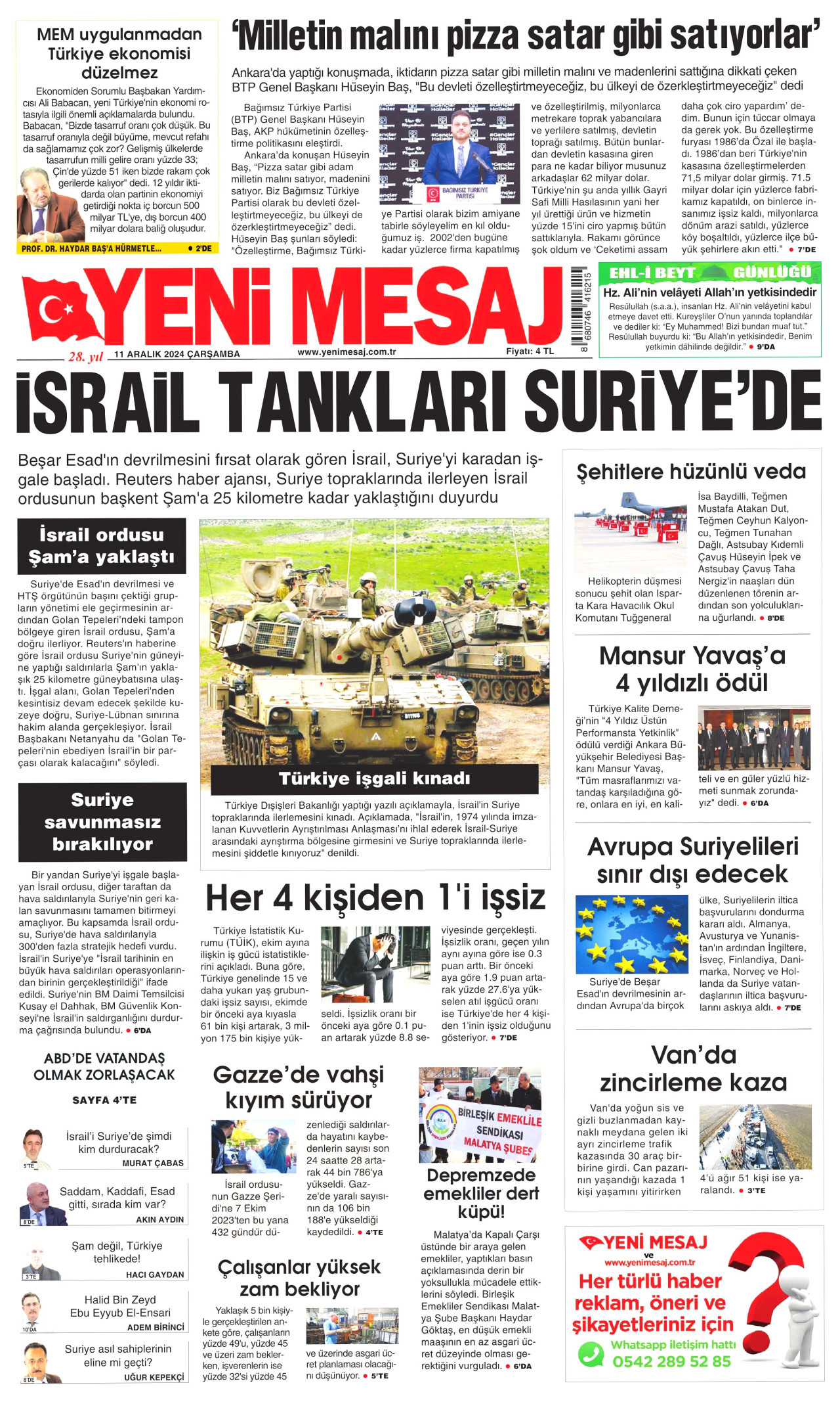 YENİ MESAJ gazetesinin 11 Aralık 2024 tarihli birinci sayfası