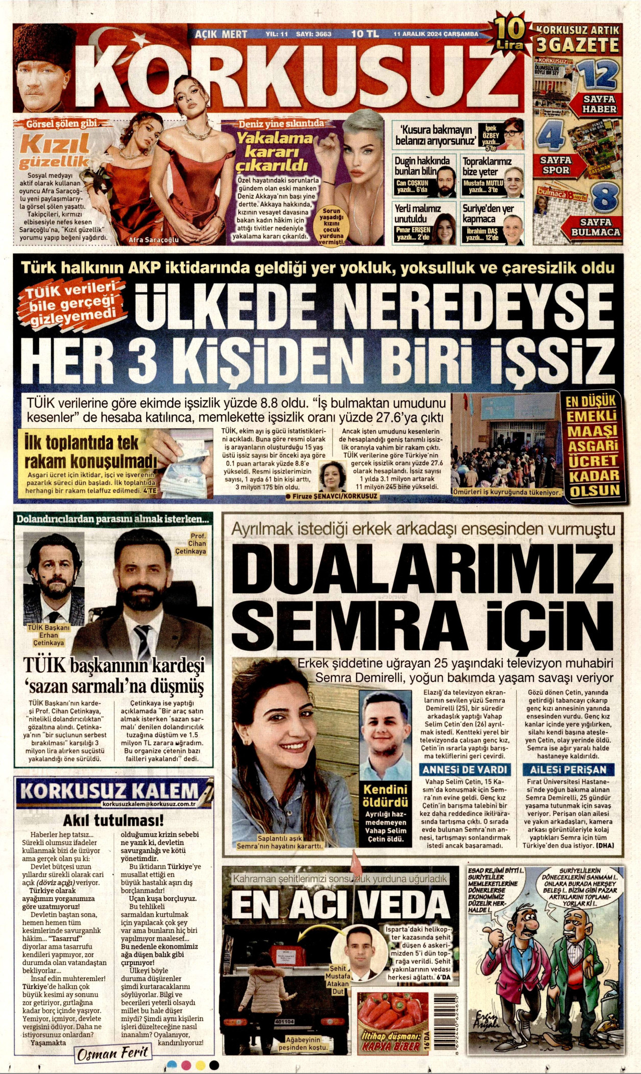 KORKUSUZ gazetesinin 11 Aralık 2024 tarihli birinci sayfası