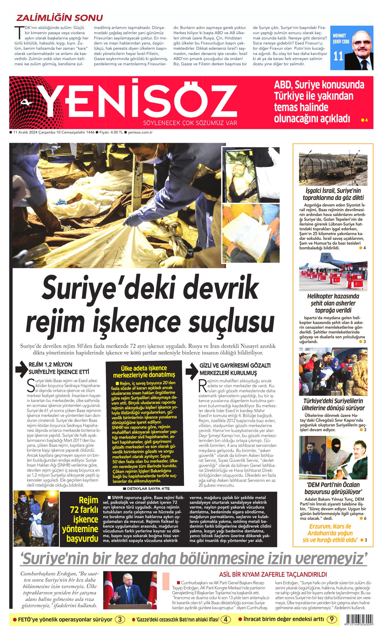 YENİ SÖZ GAZETESİ gazetesinin 11 Aralık 2024 tarihli birinci sayfası
