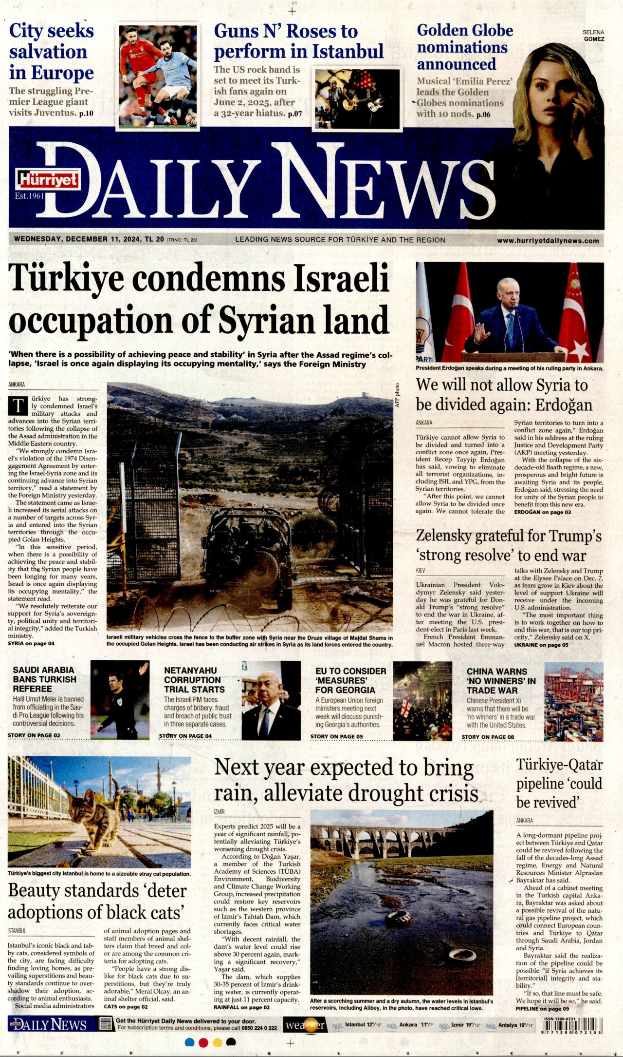 HÜRRİYET DAİLY NEWS gazetesinin 11 Aralık 2024 tarihli birinci sayfası