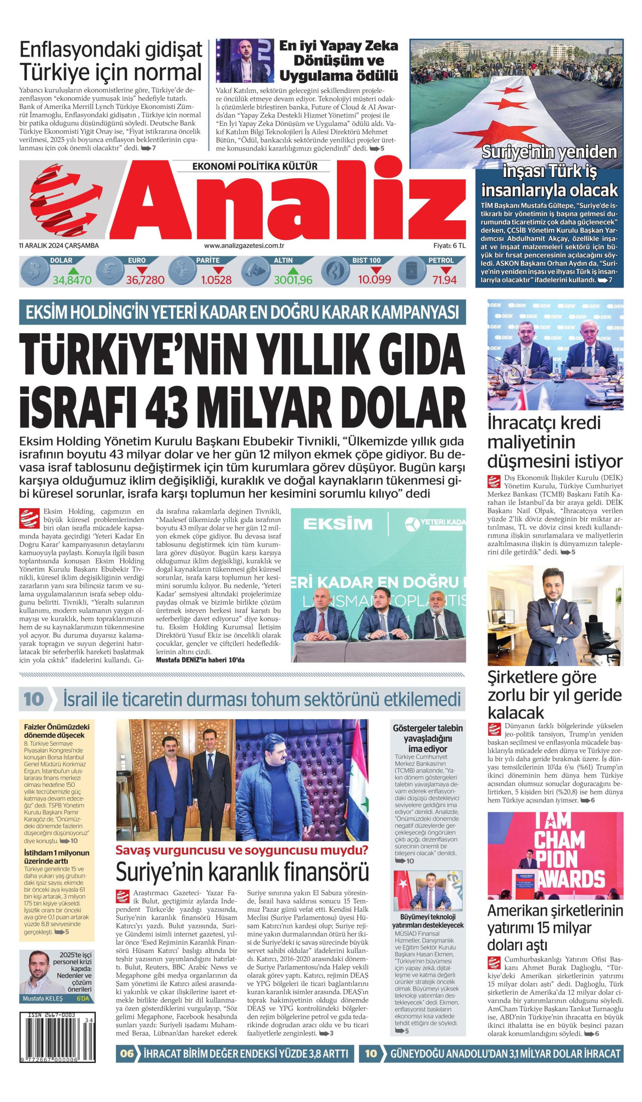ANALİZ gazetesinin 11 Aralık 2024 tarihli birinci sayfası