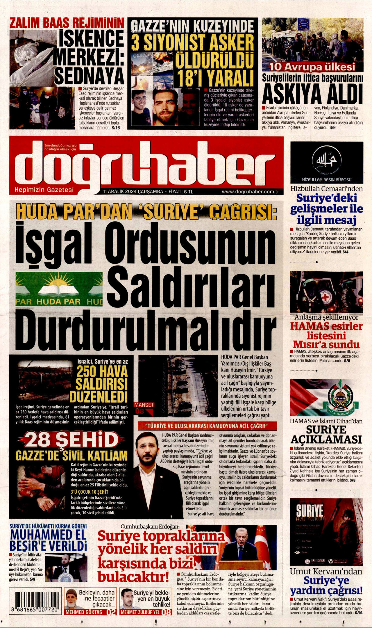 DOĞRU HABER gazetesinin 11 Aralık 2024 tarihli birinci sayfası