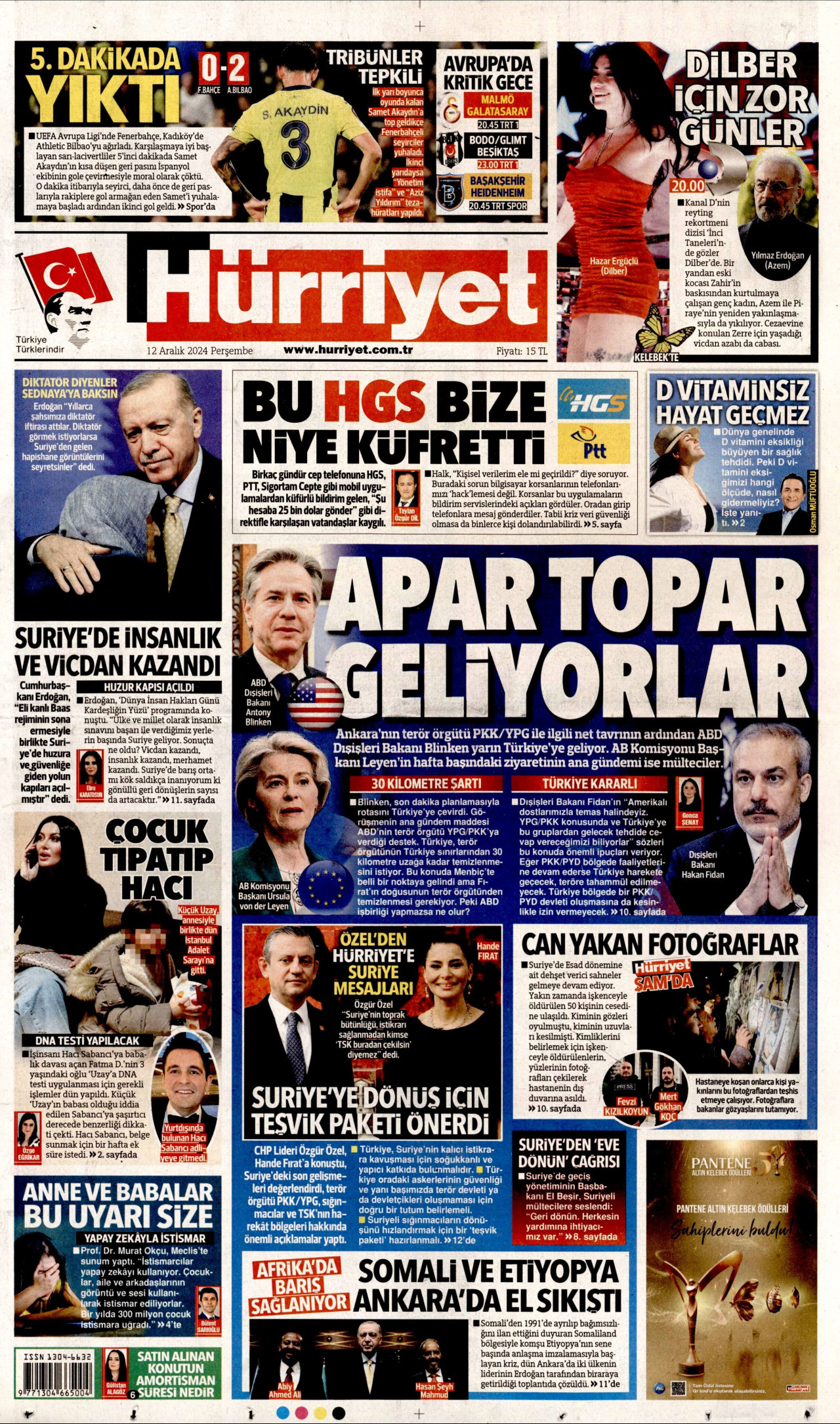 HÜRRİYET gazetesinin 12 Aralık 2024 tarihli birinci sayfası